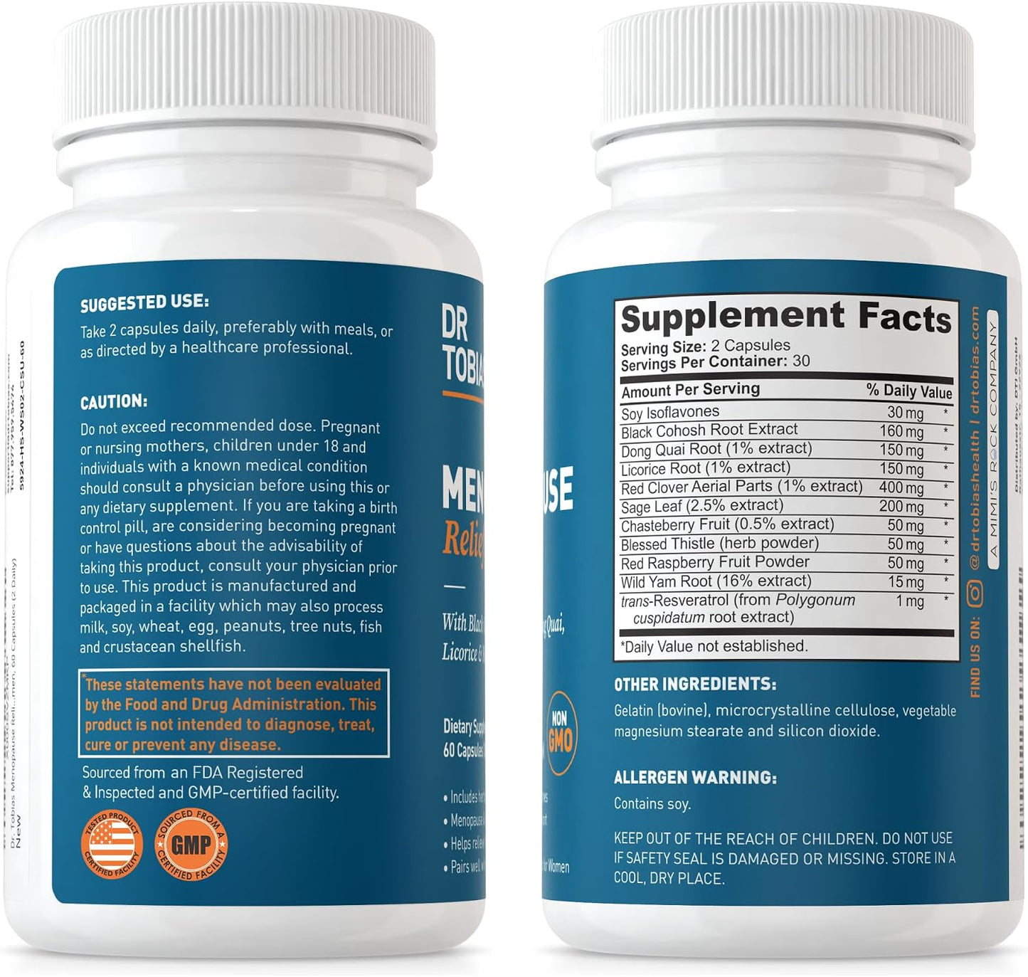 Dr. Tobias Menopause Relief 60 Capsules | Menopause Supplements for Women | Menopause Wellness Support | Black Cohosh + Soy Isoflavones | Hot Flashes, Mood & Nighttime Comfort | 30 Servings