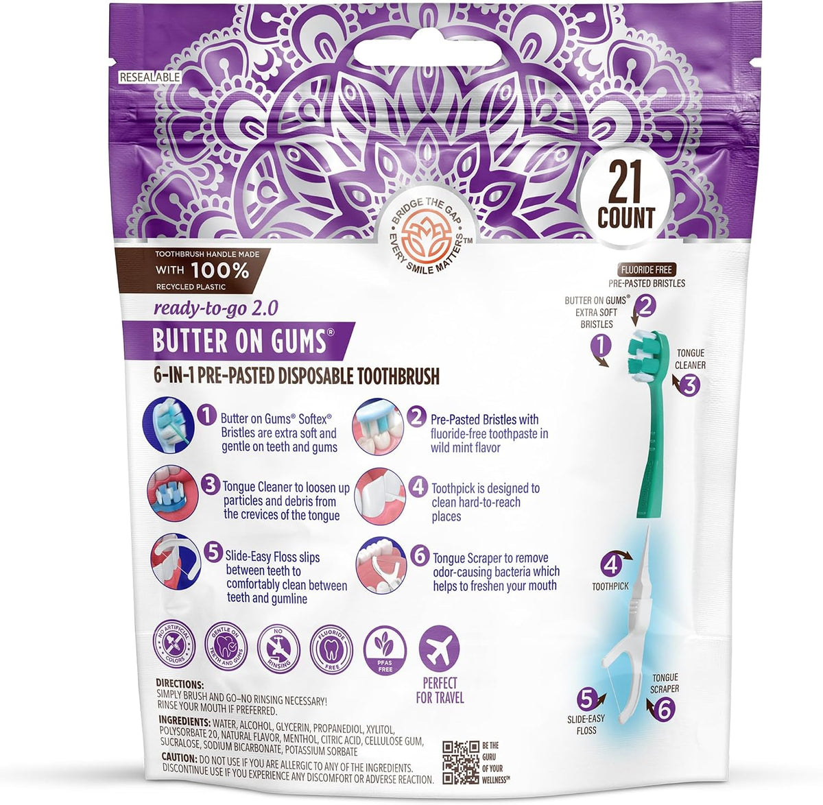 GuruNanda Disposable Travel Toothbrush 2.0, Fluoride Free Toothpaste, 21 ct
