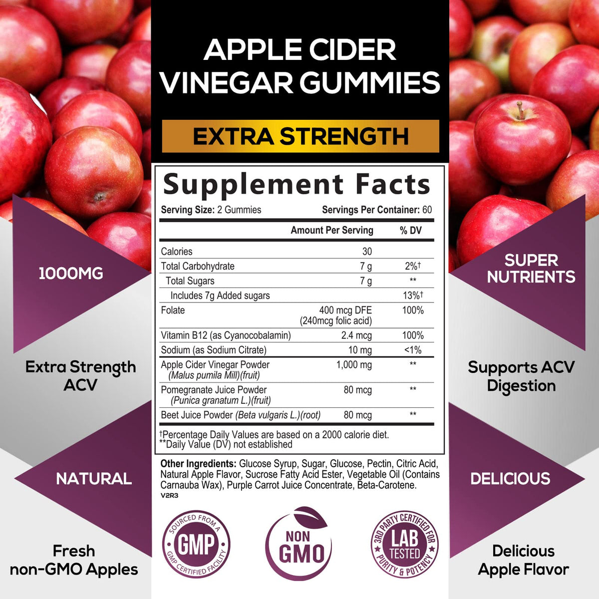 Nature's Nutrition Apple Vinegar Gummy for Weight Loss 1000mg - Vegan Apple Cider Vinegar
