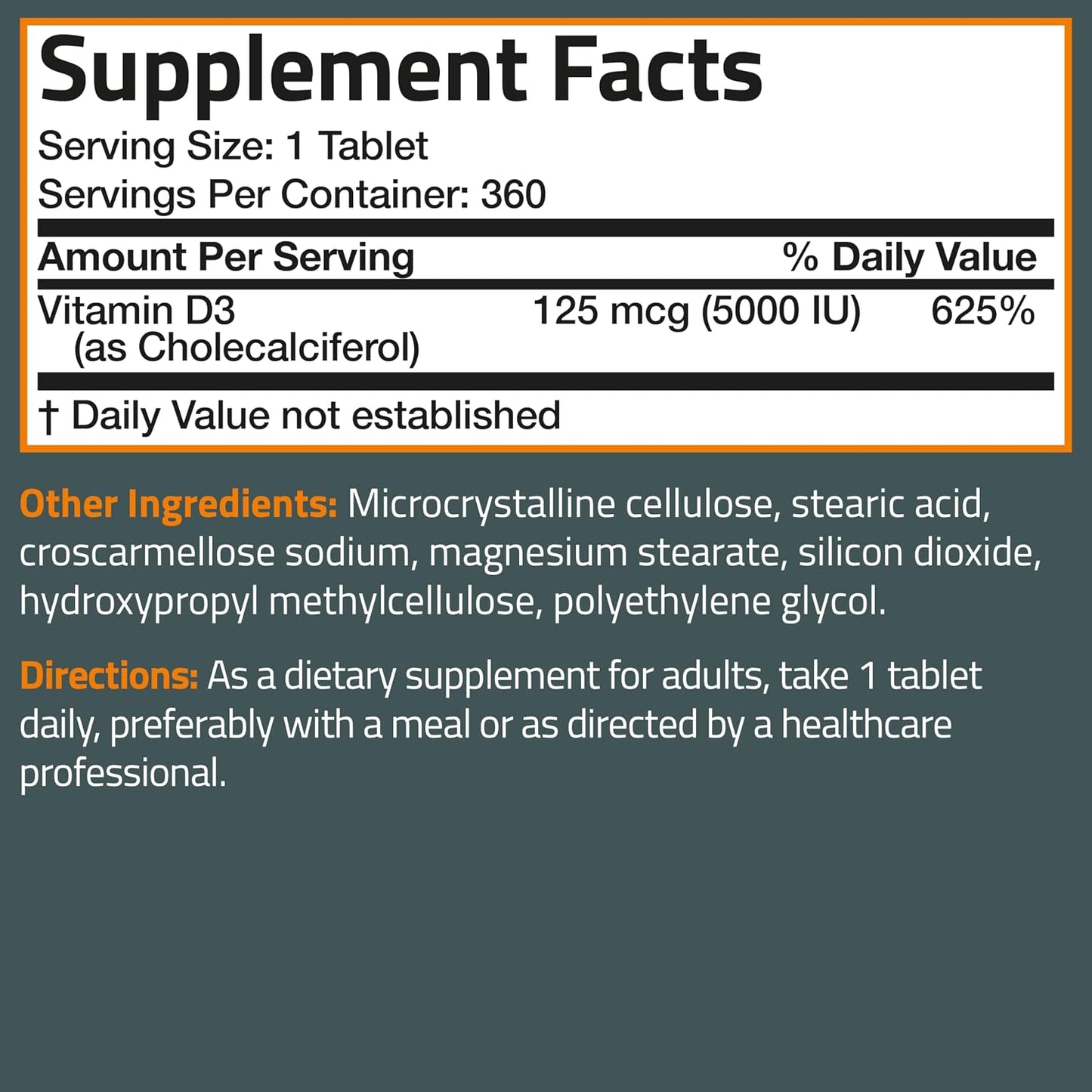 Bronson Vitamin D3 5000iu (125mcg) Non-GMO Gluten-Free Soy-Free 360 Tablets | Immune, Bone, Joint, Breast, Heart, and Colon Health Supplement
