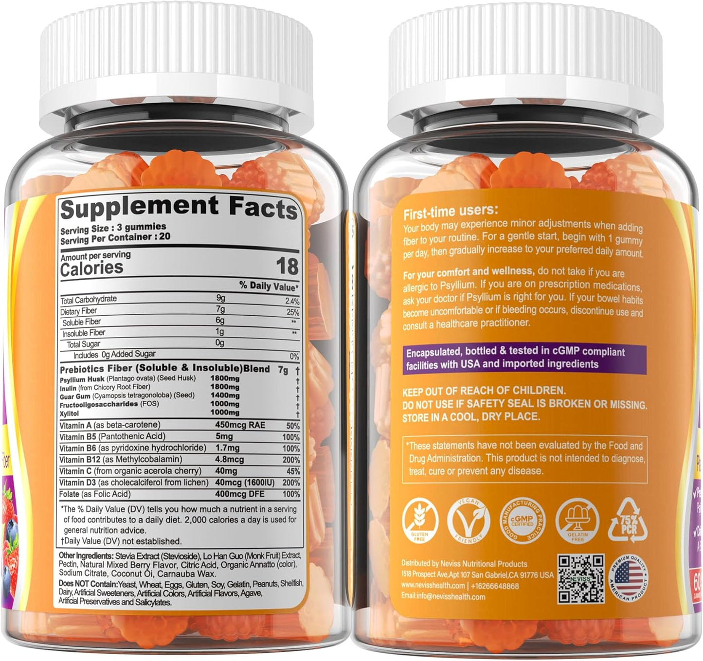 Fiber Gummies 7G for Adults with Psyllium Husk, For GLP-1 Users Daily Prebiotic Fiber - Inulin, FOS, Guar Gum, Methyl B12,Folate,B6 for Gut & Digestive Health, Regularity Support, Sugar Free,Pack of 2
