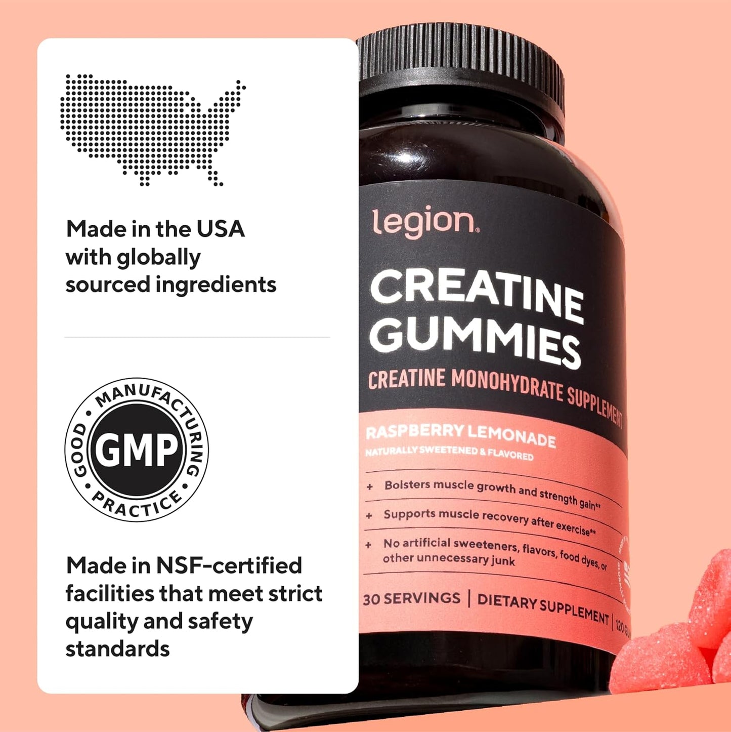 LEGION Creatine Monohydrate Gummies for Men & Women – Clean Chewable Creatine Supplement for Strength, Endurance & Muscle Recovery – 30 Sour Raspberry Lemonade Servings – No Artificial Flavors