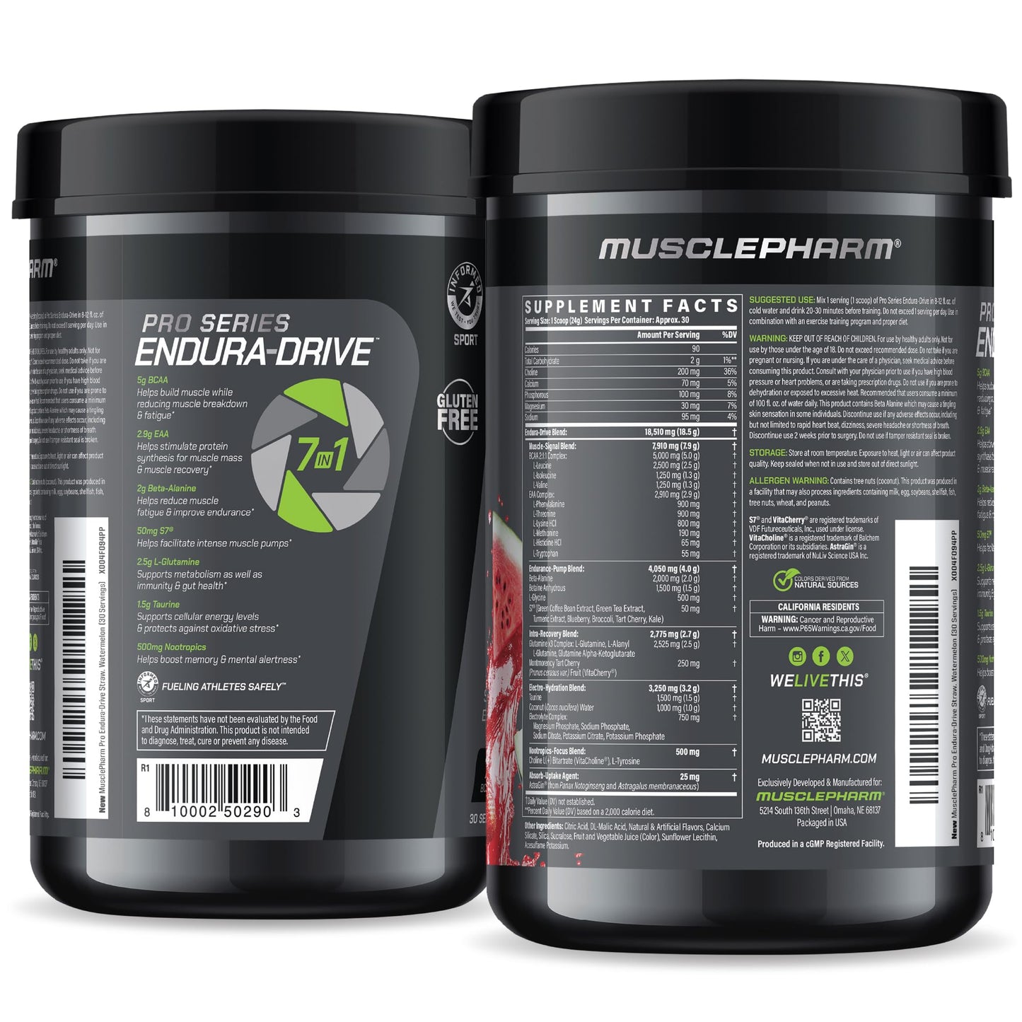 MusclePharm Pro Series ENDURA-DRIVE Pro-Grade Amino Acids Complex with Nootropics | Stim Free Intra Workout & Pre Workout Powder for Endurance & Recovery | Strawberry Watermelon, 1.6 lbs, 30 Servings