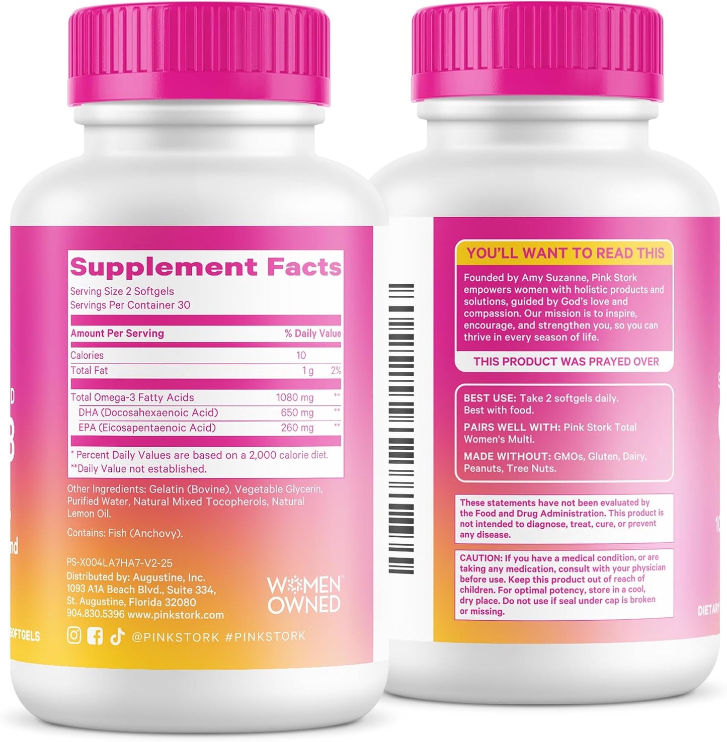 Pink Stork Omega 3 Fish Oil Supplements for Women, 60 Softgels | DHA + EPA, High Potency, Burpless, Mental Clarity, Cognitive Health, Fetal Brain + Nervous System Development, 2 Month Supply