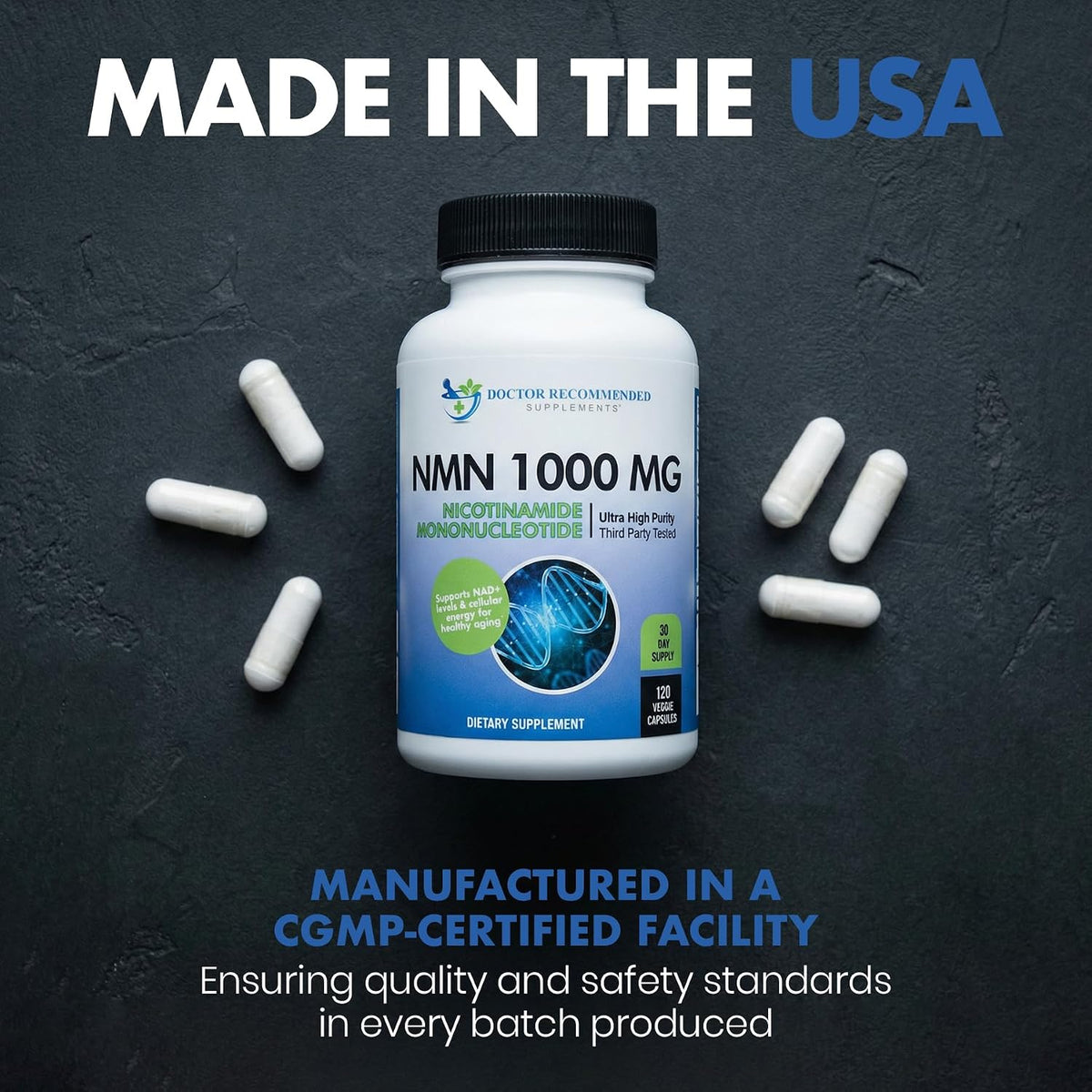 DOCTOR RECOMMENDED SUPPLEMENTS NMN (Nicotinamide Mononucleotide) 500mg, 60 Capsules - Vegetarian Friendly, 30 Servings, Gluten Free, GMO Free
