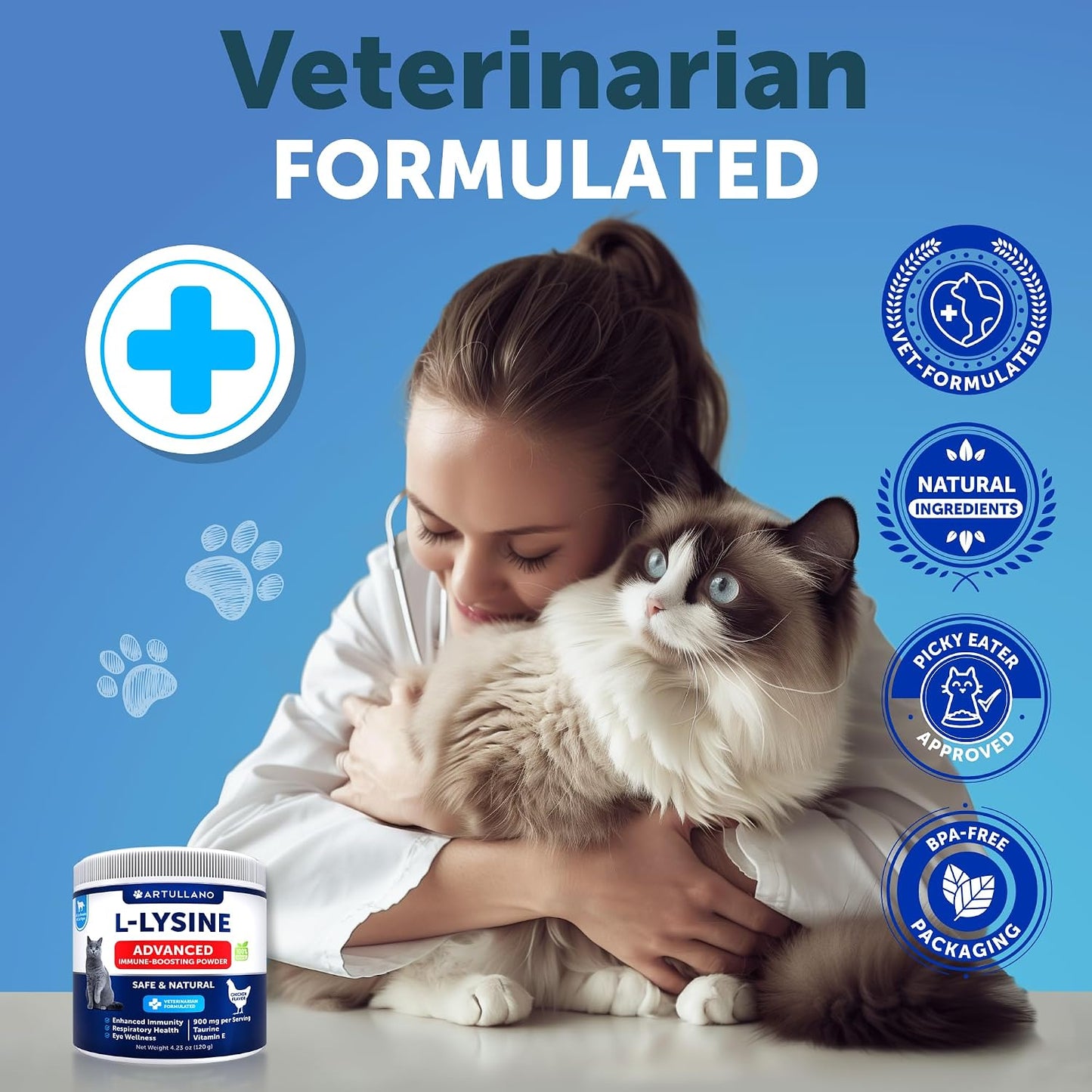 L-Lysine for Cats - Lysine Powder Supplement - 900mg/serving - Immune Support for Cats & Kittens - Sneezing, Runny Nose, Squinting, Watery Eyes, Cold, Eye Function, Respiratory Health - with Taurine