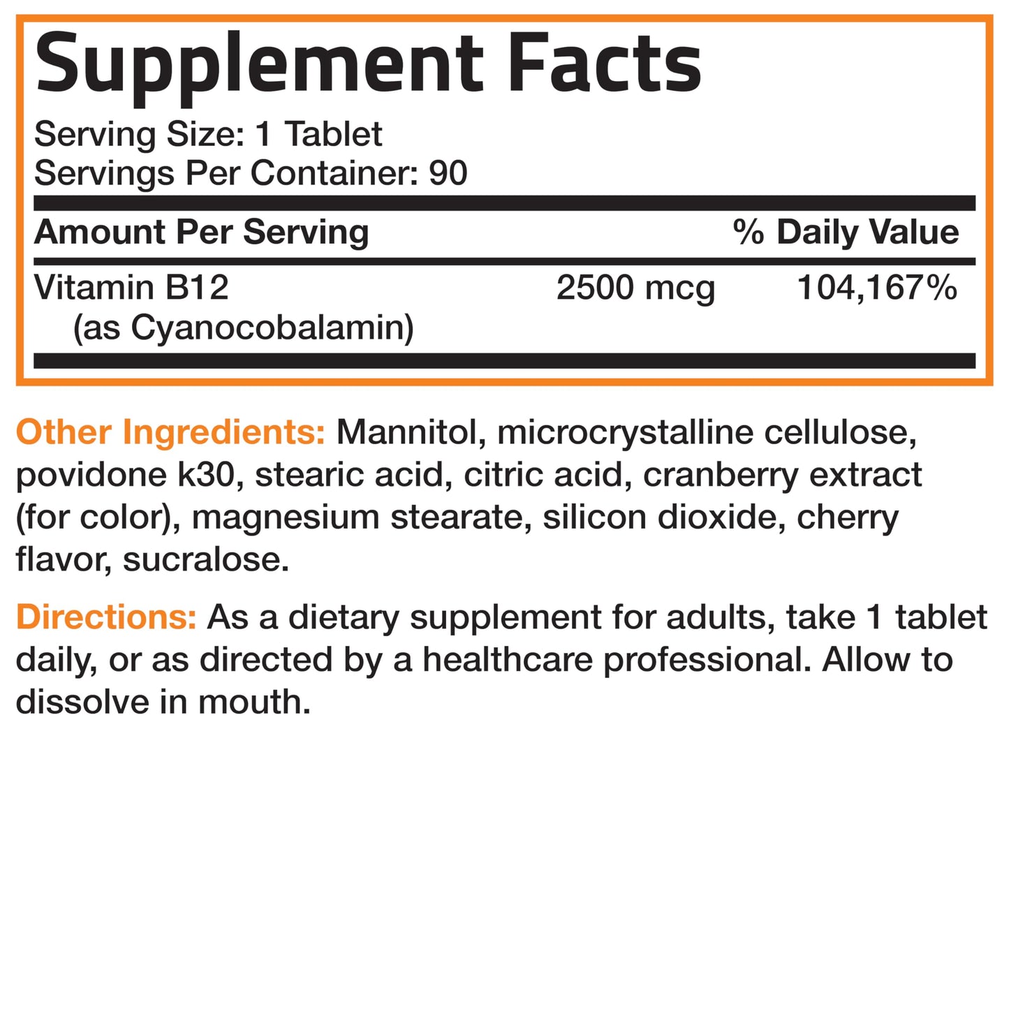 Vitamin B12 2500mcg Shot of Energy Fast Dissolve Chewable Tablets - Quick Release Cherry Flavored Sublingual B12 Vitamin - Supports Nervous System, Healthy Brain Function Energy Production – 90 Count