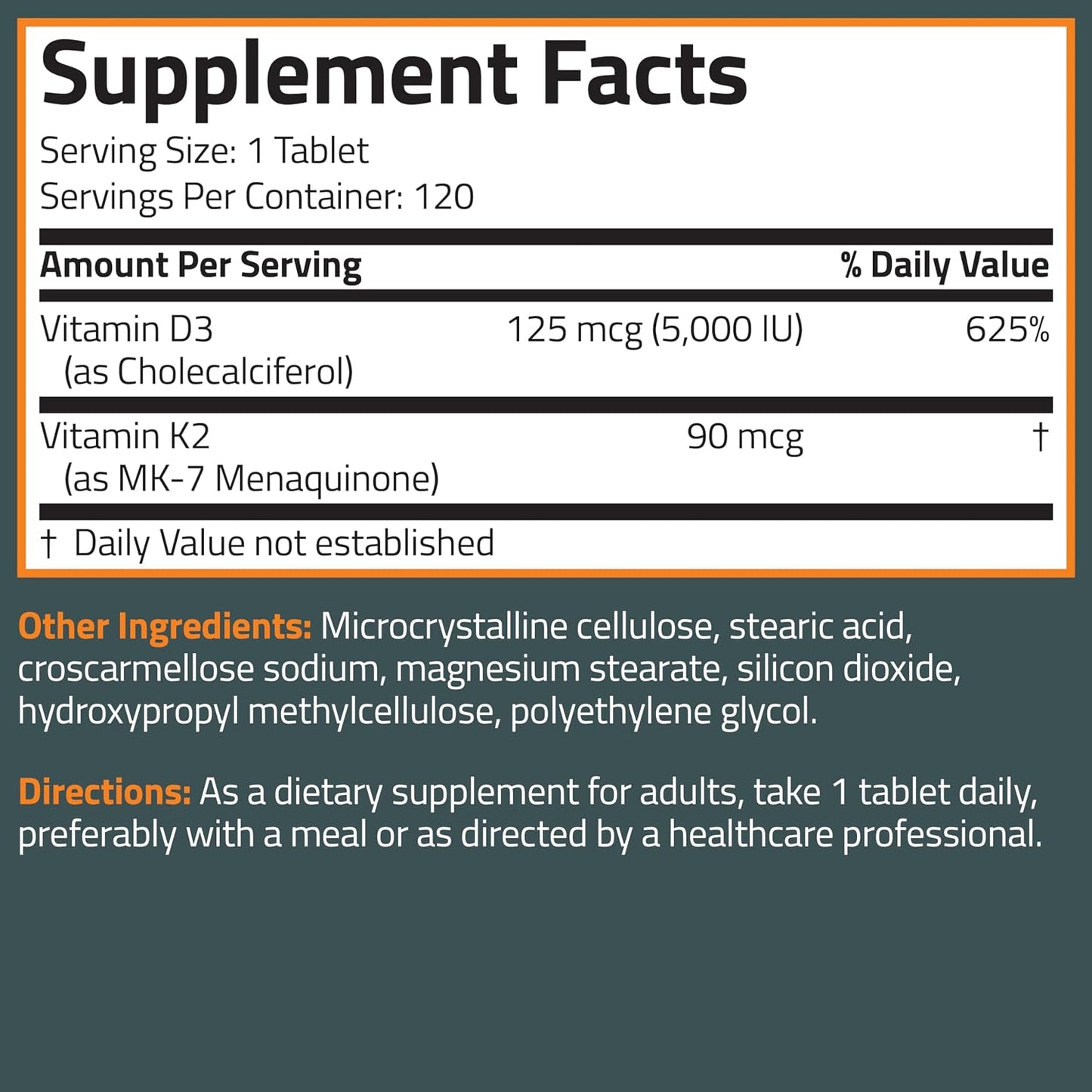 Bronson Vitamin K2 D3 (MK7) Supplement 2-in-1 D3 & K2 Complex, 120 Tablets | Bone, Immune & Heart Health Support, Gluten-Free, Soy-Free, Non-GMO, Vitamin D3 5000 IU (125 mcg) & 90 mcg K2 MK-7