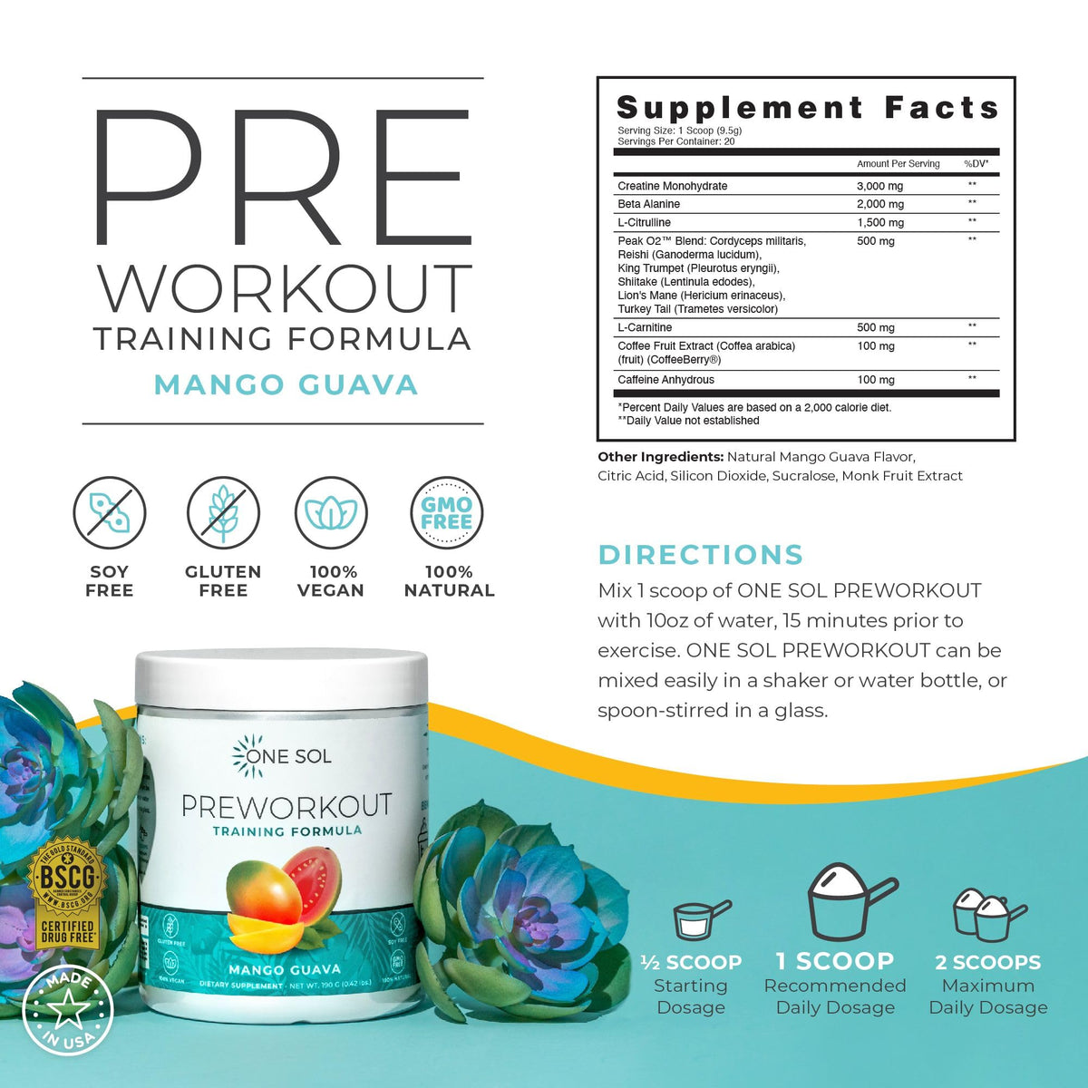 One Sol Pre-Workout for Women, Enhanced Pump & Focus, No Jitters Or Crash, Natural