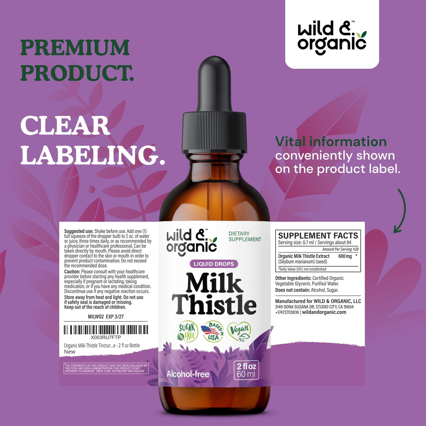 Wild & Organic Milk Thistle Liquid Drops - Liver Cleanse Detox - Silymarin Milk Thistle Supplement for Liver Support - Add to Tea - Silybum Marianum Seed Extract Tincture - Sugar & Alcohol-Free - 4 oz
