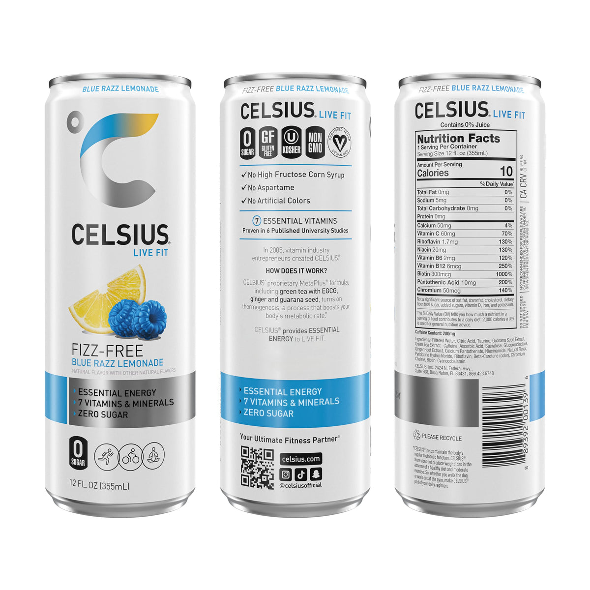CELSIUS Fizz Free Blue Razz Lemonade, Functional Essential Energy Drink 12 Fl Oz