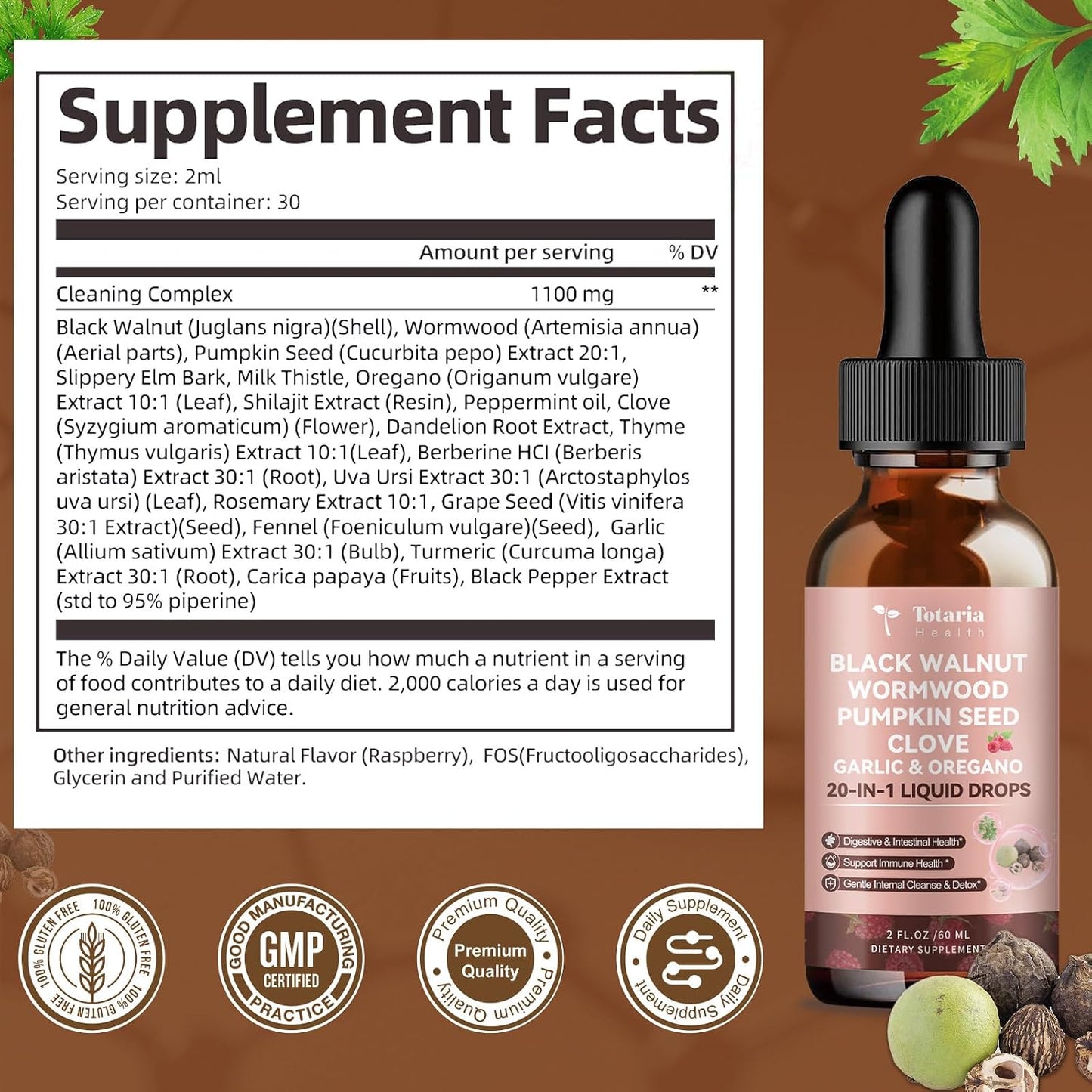 Totaria 20 in 1 Black Walnut Wormwood Tincture - Clove,Pumpkin Seed,Garlic,Oregano,Berberine - Gentle Gut Cleanse & Digestive Health - Alcohol-Free,Gut-Friendly -Raspberry Flavor - 2FL