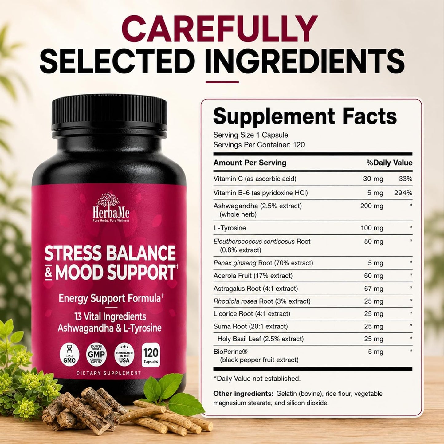 HerbaMe Stress & Mood Support Supplement with Ashwagandha & L-Tyrosine, Energy & Focus Formula, Helps Maintain Balanced Stress Response, 120 Capsules