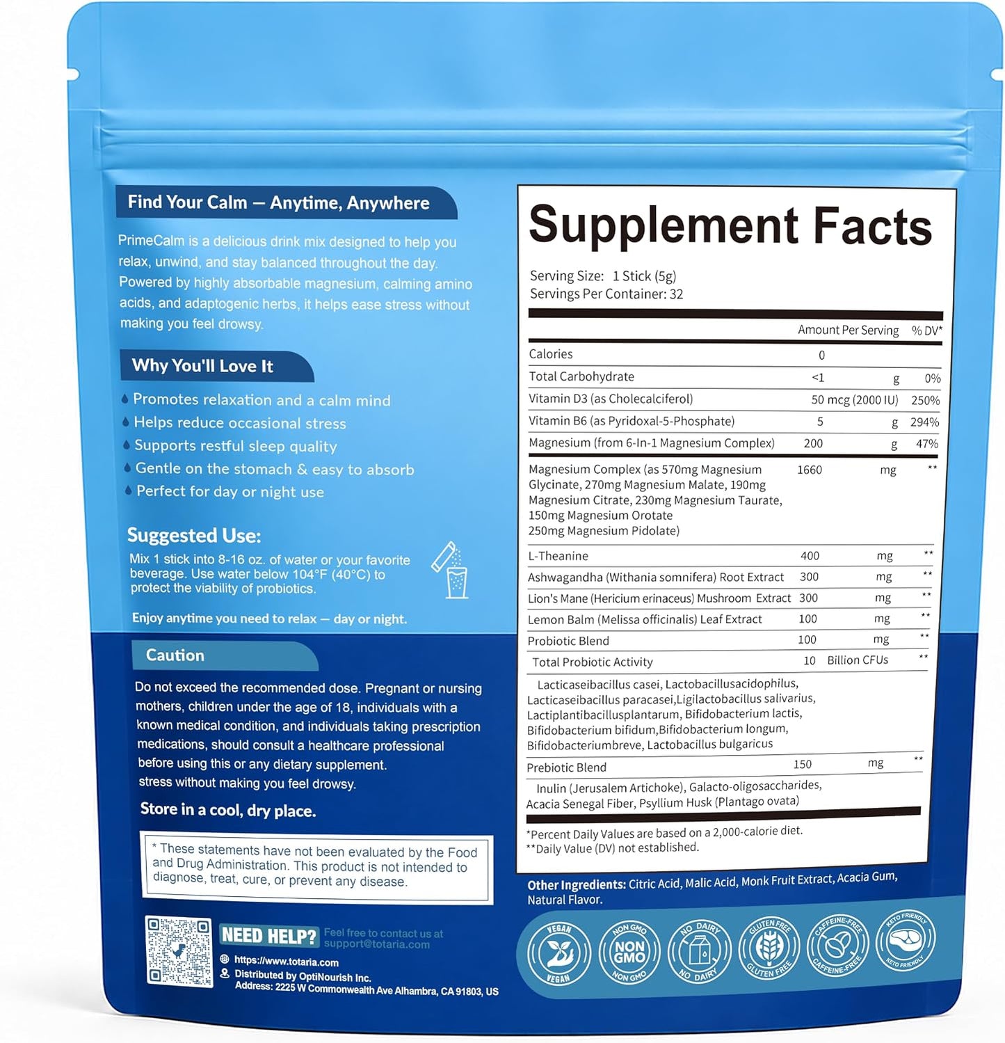 PrimeCalm Drink Mix | Cortisol Reducer* Stress Mood & Sleep Aid with Magnesium Glycinate, Ashwagandha, L-Theanine, 10B Probiotic, No Sugar, 32 Ct.