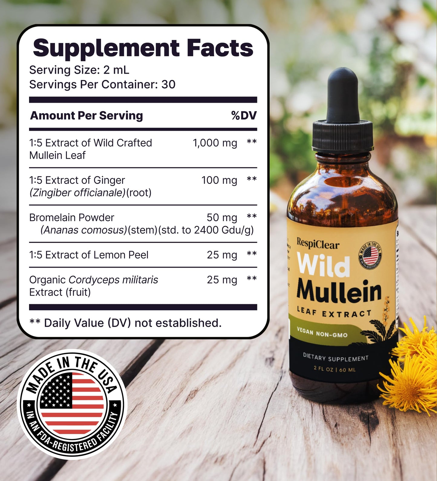 All-Natural Mullein Drops with Ginger & Lemon for Lung Cleanse and Detox, Mullein Leaf Extract for Respiratory Lung Health & Detox for Smokers, 2 Fl oz