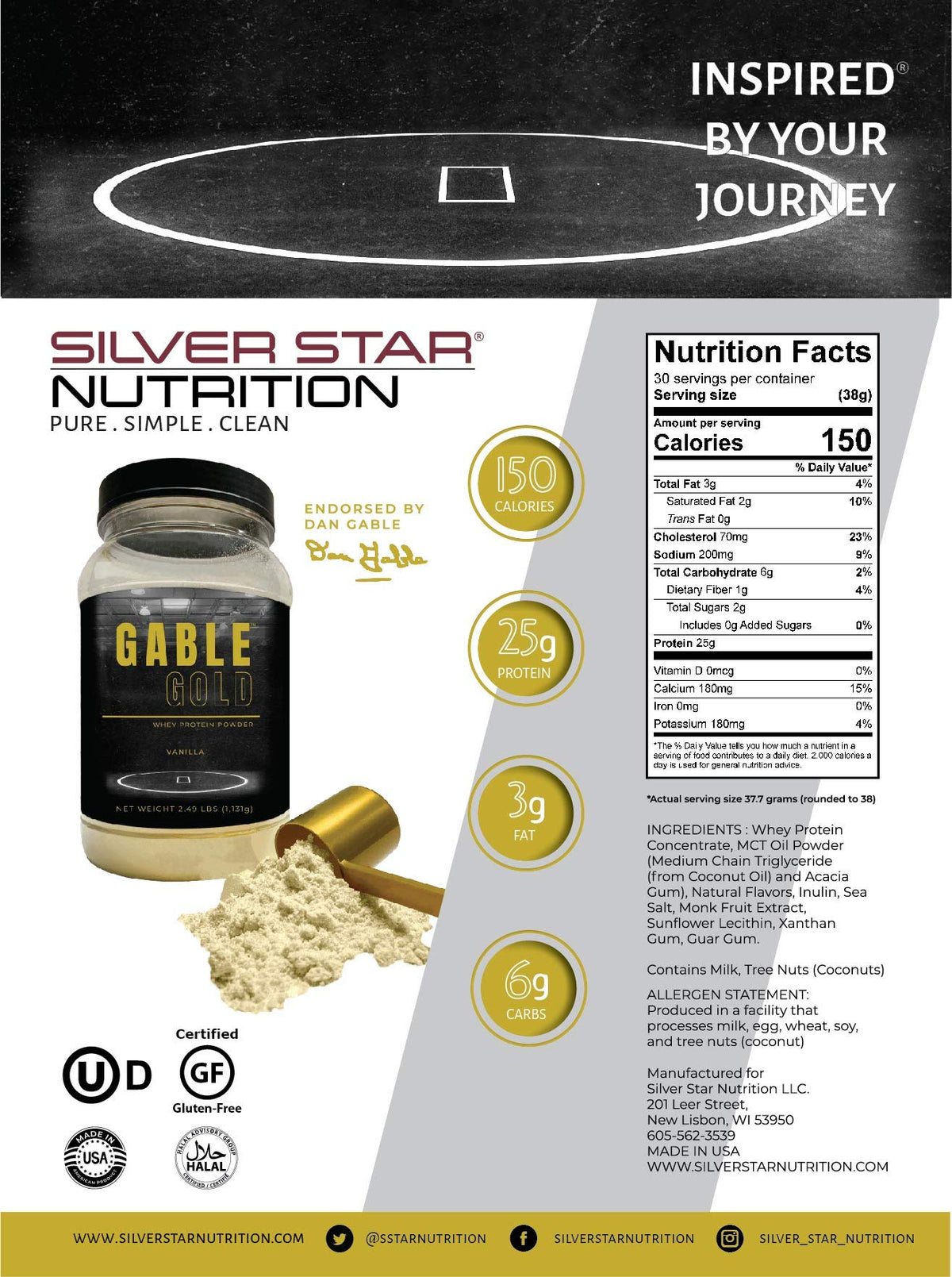 Silver Star Nutrition, Gable Gold Vanilla Whey Protein Powder + MCT Oil & Inulin, No Added