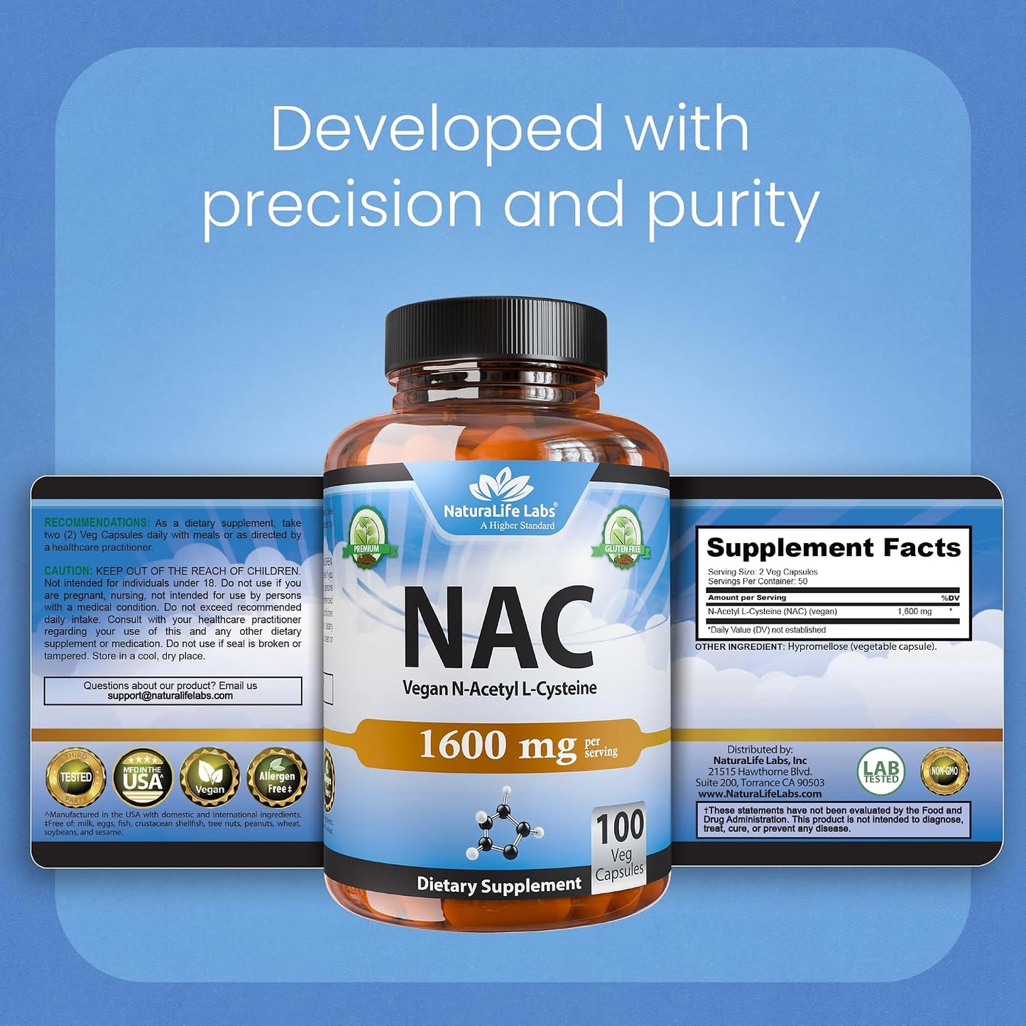 NaturaLife Labs N-Acetyl-L-Cysteine (NAC) 1600 mg – 100 Capsules - Vegan, Non-GMO & Gluten-Free