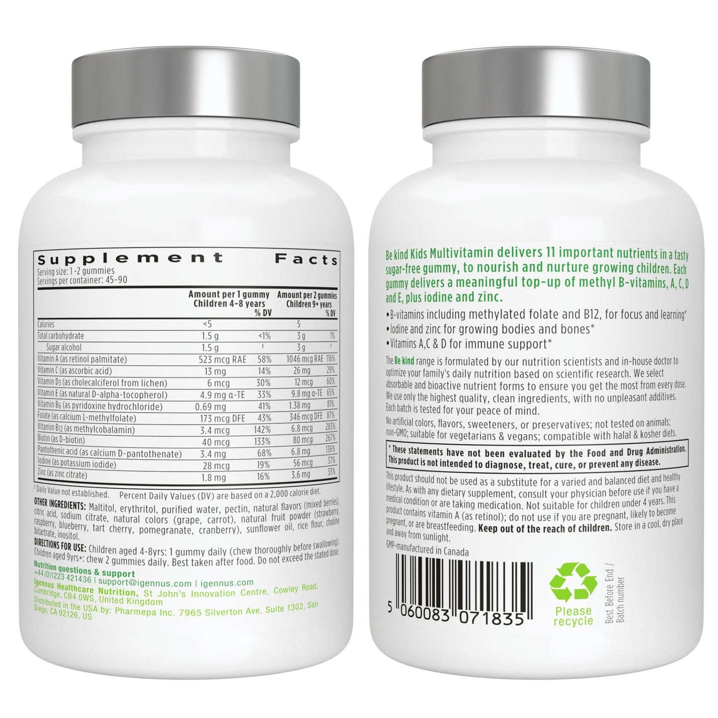Igennus Methylated Kids Multivitamin Gummies, Age 4+, 90 Gummies | Clean Label & Third Party Tested, No Artificial Sweeteners or Flavors, Sugar Free, Natural Berry Flavor, Non-GMO, Halal