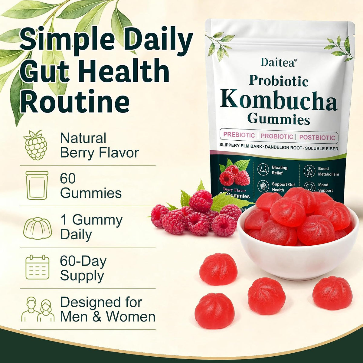 Probiotic Kombucha Gummies for Bloating, Digestive & Gut Health, 60 Gummies