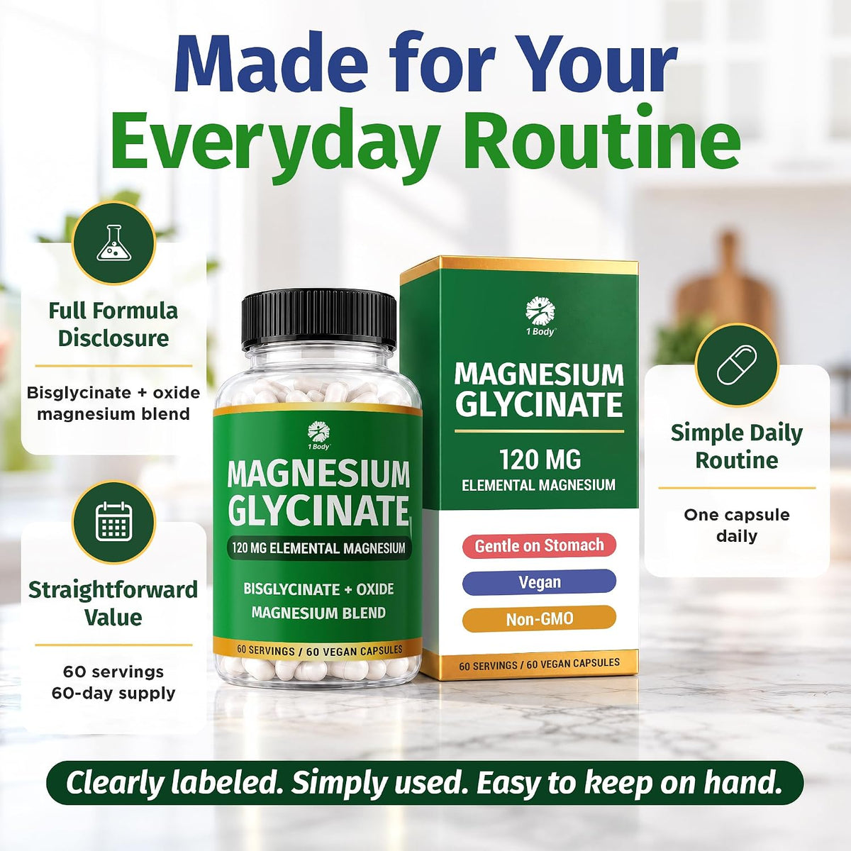 1 Body Magnesium Glycinate Complex, High Absorption, 60 Vegan Capsules