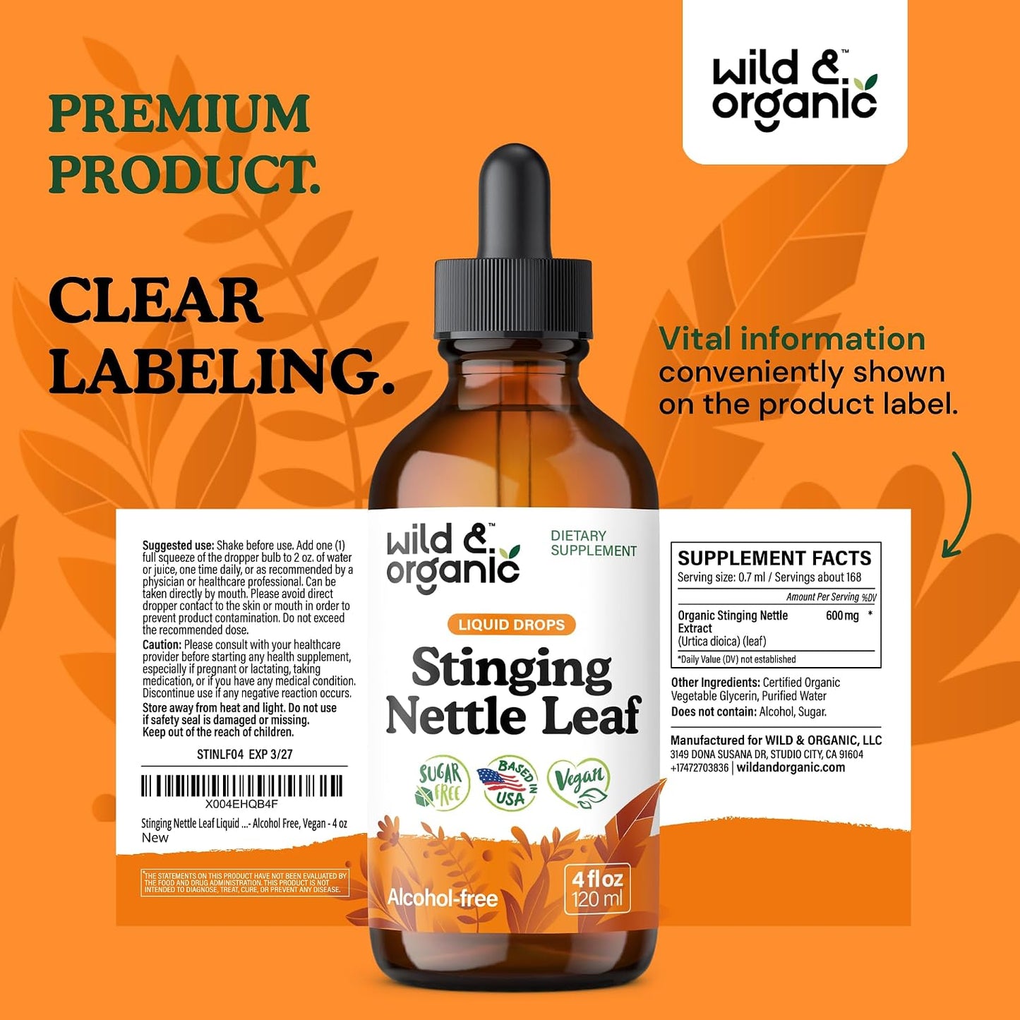 Wild & Organic Stinging Nettle Leaf Tincture - Urinary Tract Support - Stinging Nettle Extract Liquid Drops - Urtica Dioica Supplement - 5-Month Supply - Vegan, Sugar & Alcohol-Free - 4 fl oz