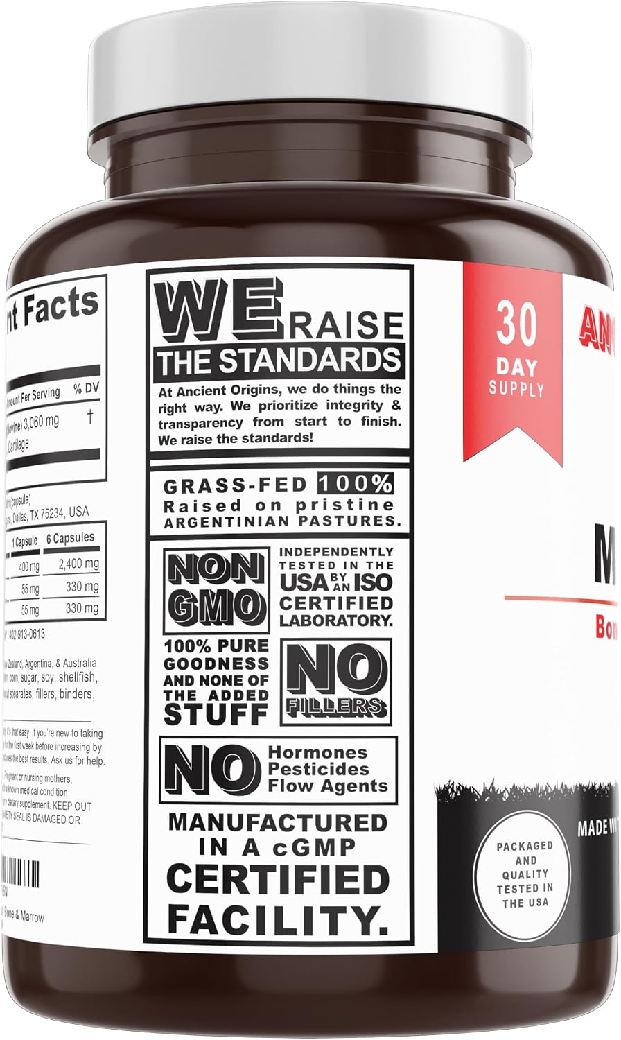 Grass Fed Bone Marrow Supplement, 3060mg, Skin, Oral Health, and Joint Support Supplement, Promotes Whole-Body Wellness, Non GMO Whole Bone Extract, 180 Capsules