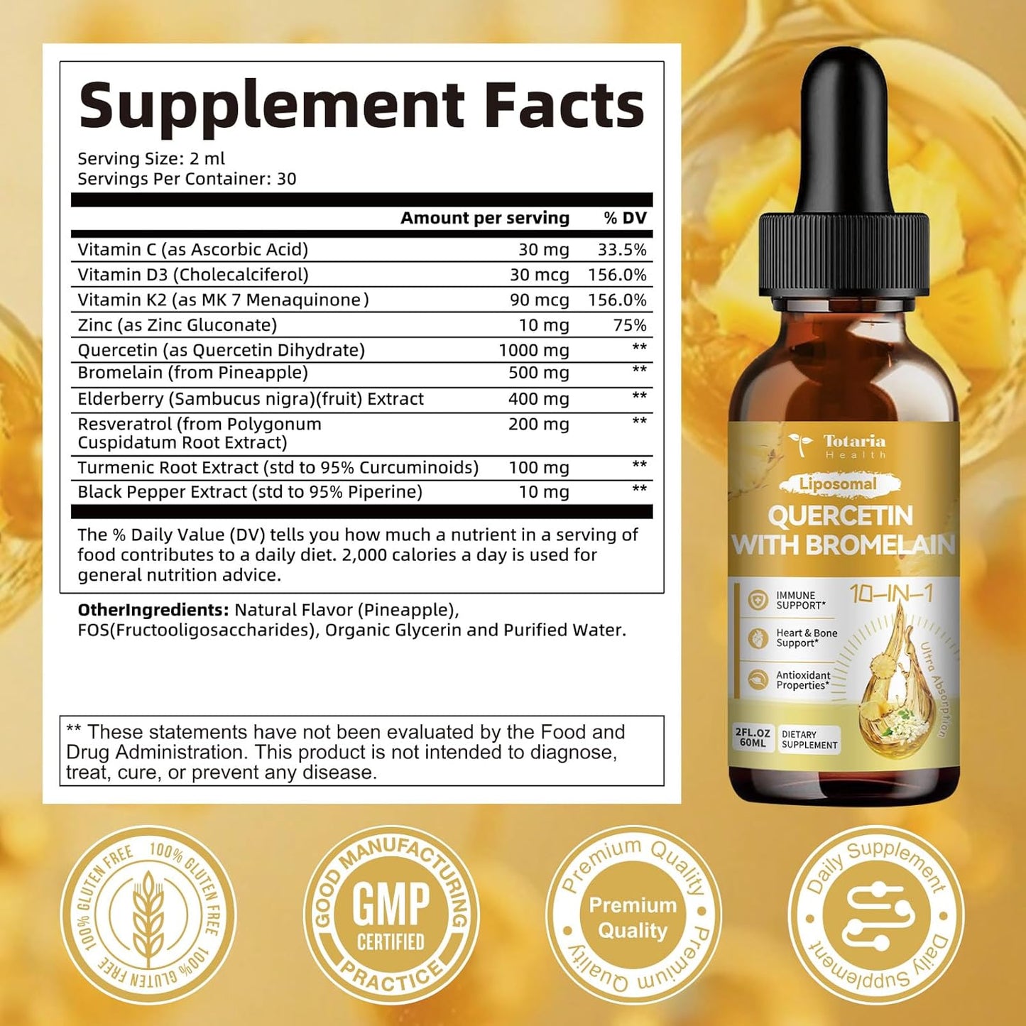 Totaria Liposomal Quercetin with Bromelain Liquid Drops - High Absorption Quercetin 1000mg & Bromelain 500mg Plus Elderberry,Vitamin C,Zinc for Immune & Antioxidant & Heart & Bone Support- 2 Fl Oz