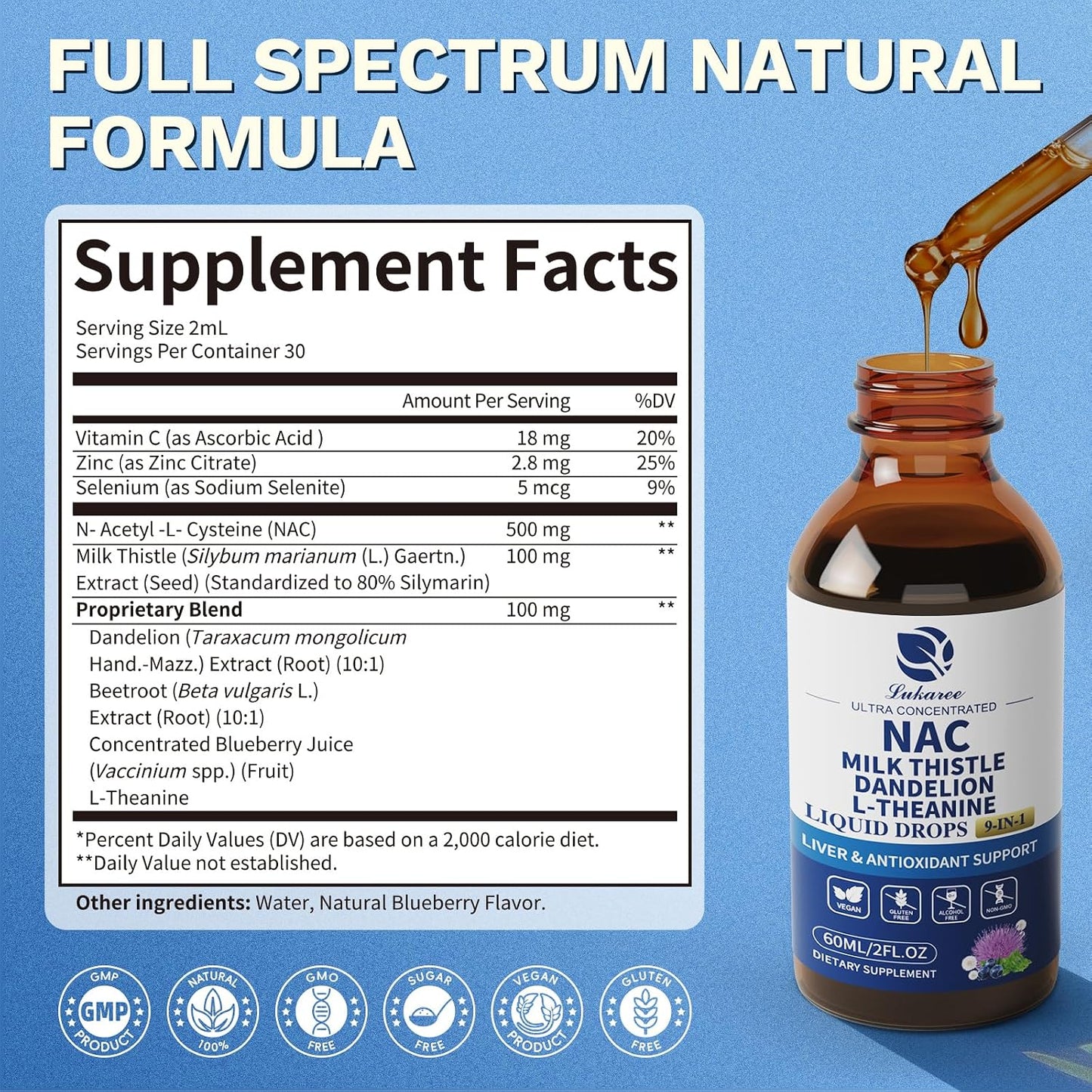 Lukaree Liposomal Liquid NAC 600mg Supplement for Liver Detox & Antioxidant | N-Acetyl-L-Cysteine Liquid Drops w/Milk Thistle & Selenium for Detox Support & Immune Support* - Ultra-Concentrated -2oz