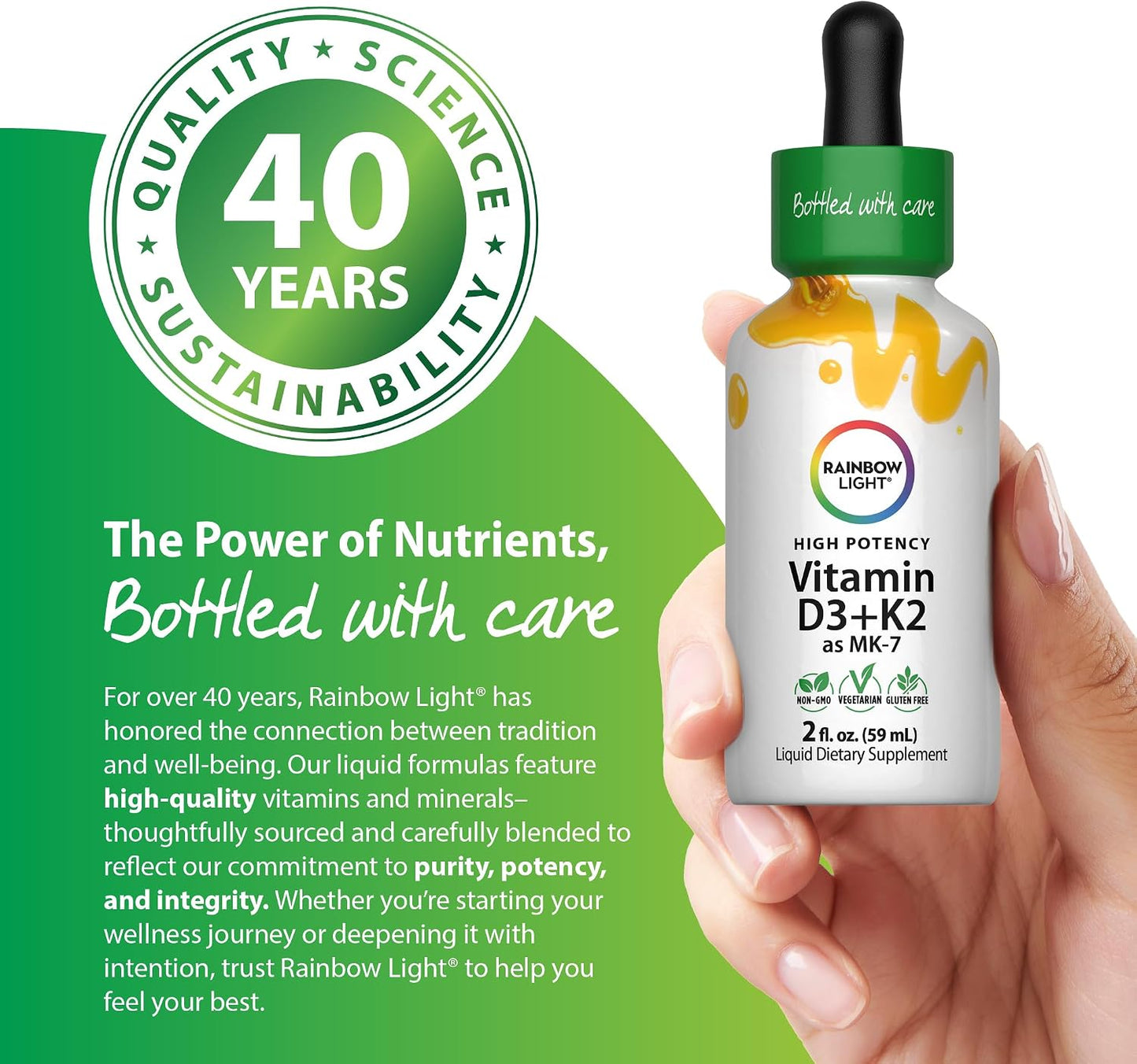 Rainbow Light Vitamin D3 + K2 as MK7 | 2 Fl Oz | 2,000IU Vitamin D | High Potency Formula | Vegetarian, Non-GMO, Gluten Free