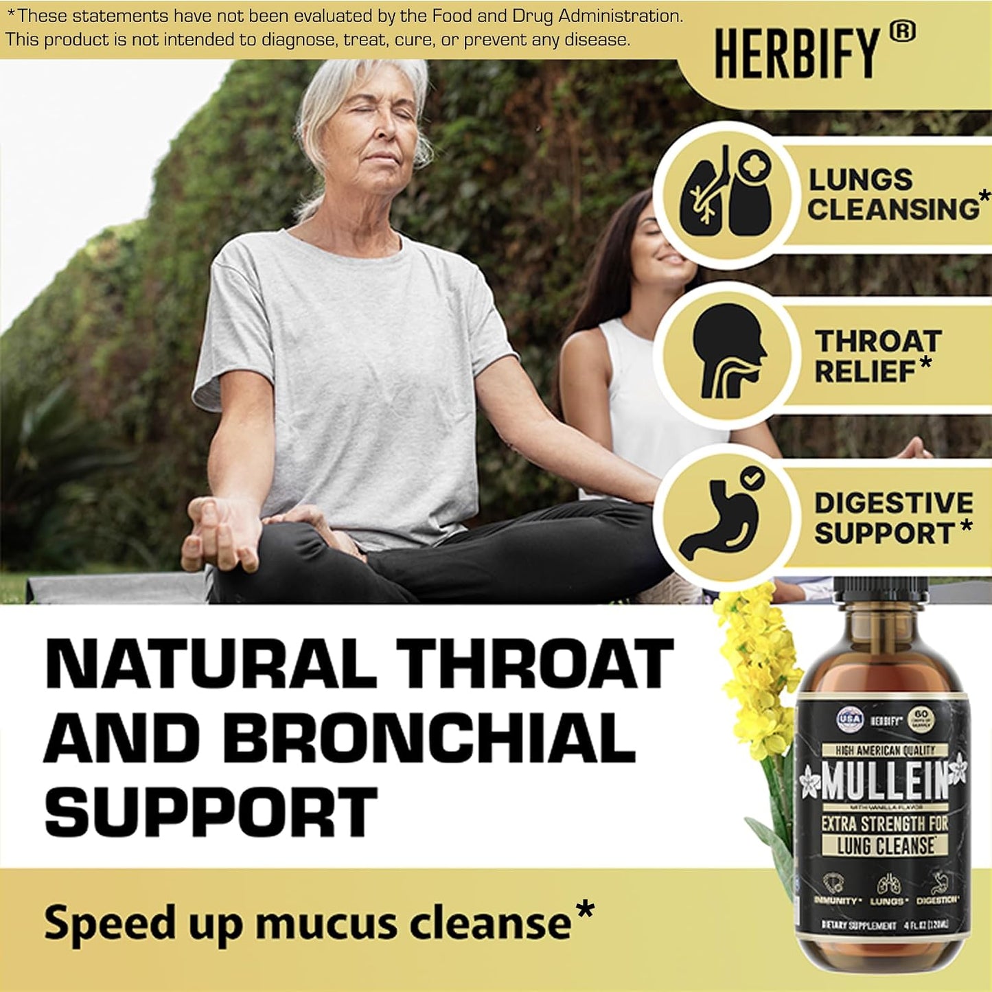 HERBIFY Bundle - Lions Mane & Mullein Vanilla 4 Fl Oz Drops - Supplement for Memory, Focus & Clarity & Immune Support, Lung Cleanse and Bronchial Support