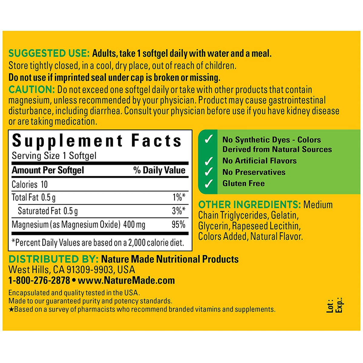 Nature Made Extra Strength Magnesium Oxide 400 mg, Dietary Supplement