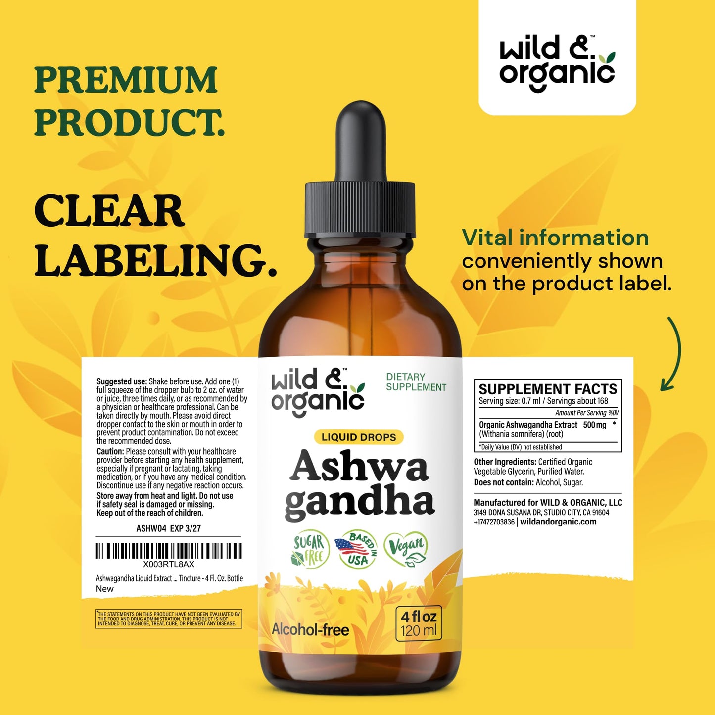 Wild & Organic Ashwagandha Drops - Mood Support & Positive Energy - 500 mg Ashwagandha for Women & Men - Add to Tea Liquid Extract for Relaxation - Non-GMO, Sugar & Alcohol-Free Tincture - 4 fl oz