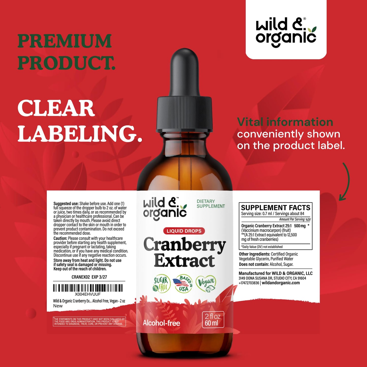 Wild & Organic Cranberry Concentrate Liquid Drops - Urinary Tract Support with Cranberry Supplement for Women & Men - 500 mg Extract per Serving - Vegan, Sugar & Alcohol-Free - 4 fl oz