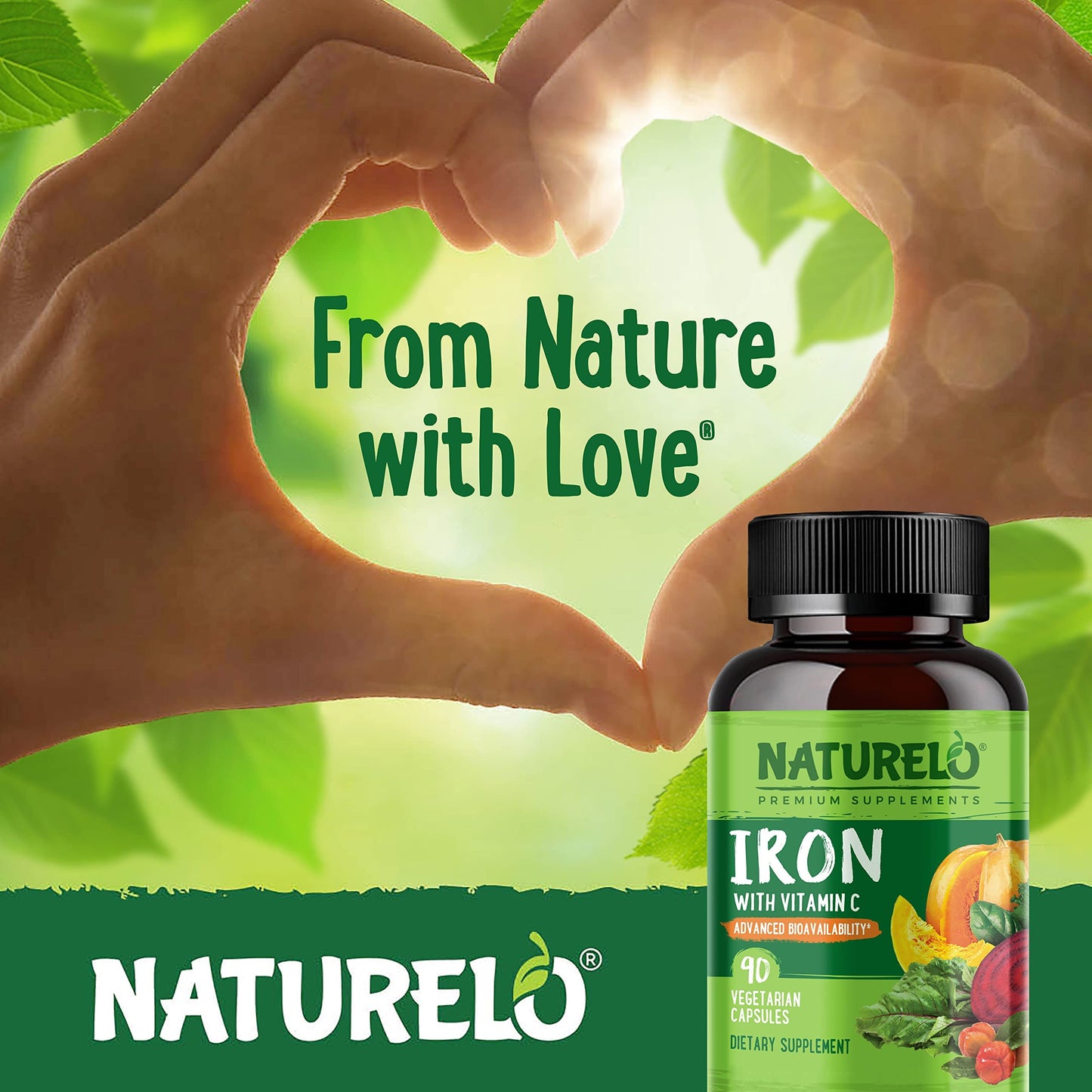 NATURELO Vegan Iron Supplement with Vitamin C and Organic Whole Foods - Gentle Iron Pills for Women & Men with Iron Deficiency Including Pregnancy, Anemia and Vegan Diets - 90 Mini Capsules