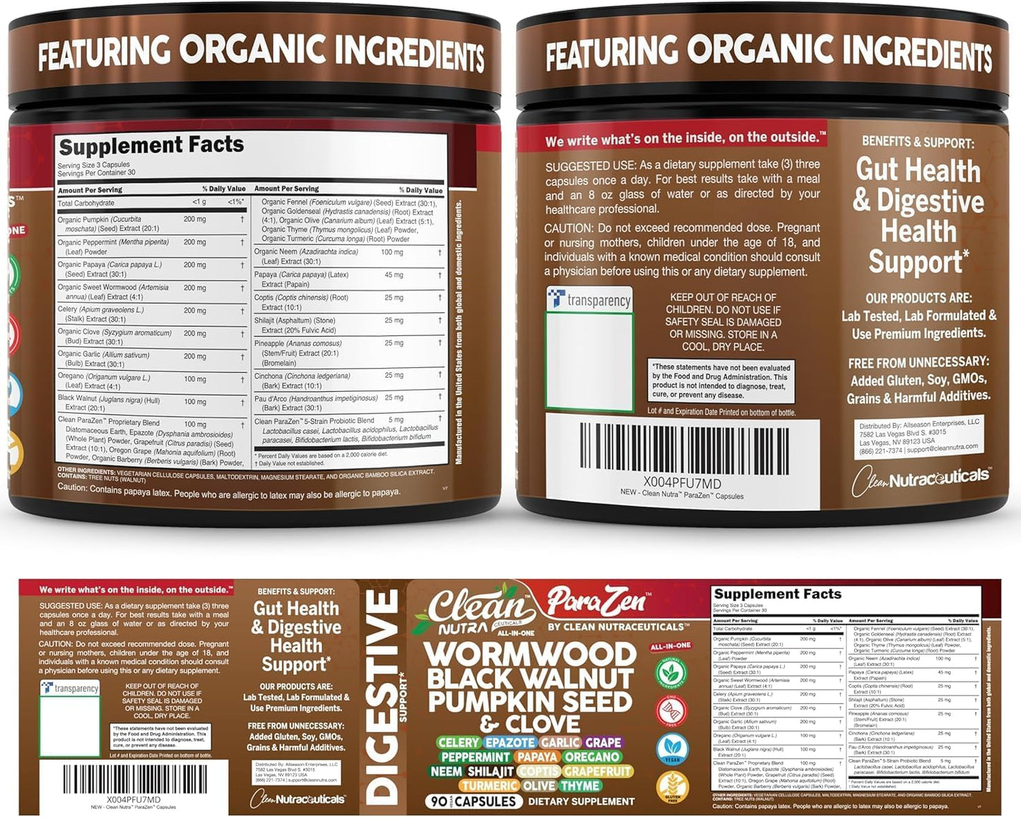 Clean Nutra Wormwood Black Walnut Pumpkin Seed Clove Oil Celery Garlic Grape Papaya Neem Diatomaceous Earth Womens Probiotic Gut Health Cleanse Detox Oregano Olive Turmeric Supplement Vegan Capsules