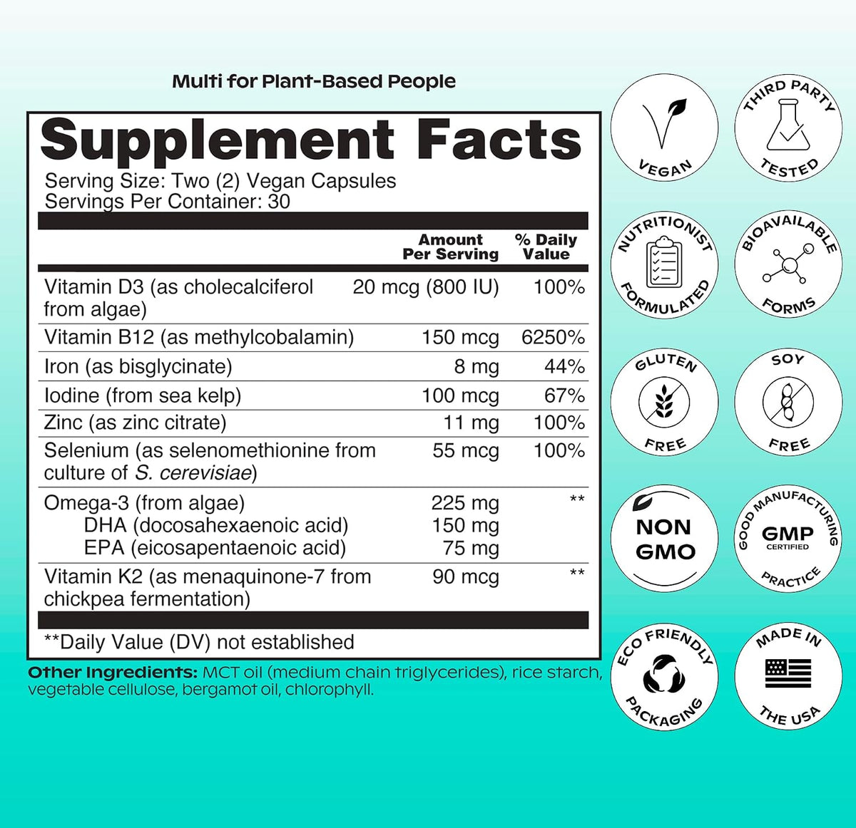 wholier Multi for Plant Based People Vegan DHA Omega 3 B12 Iron 60 Capsules