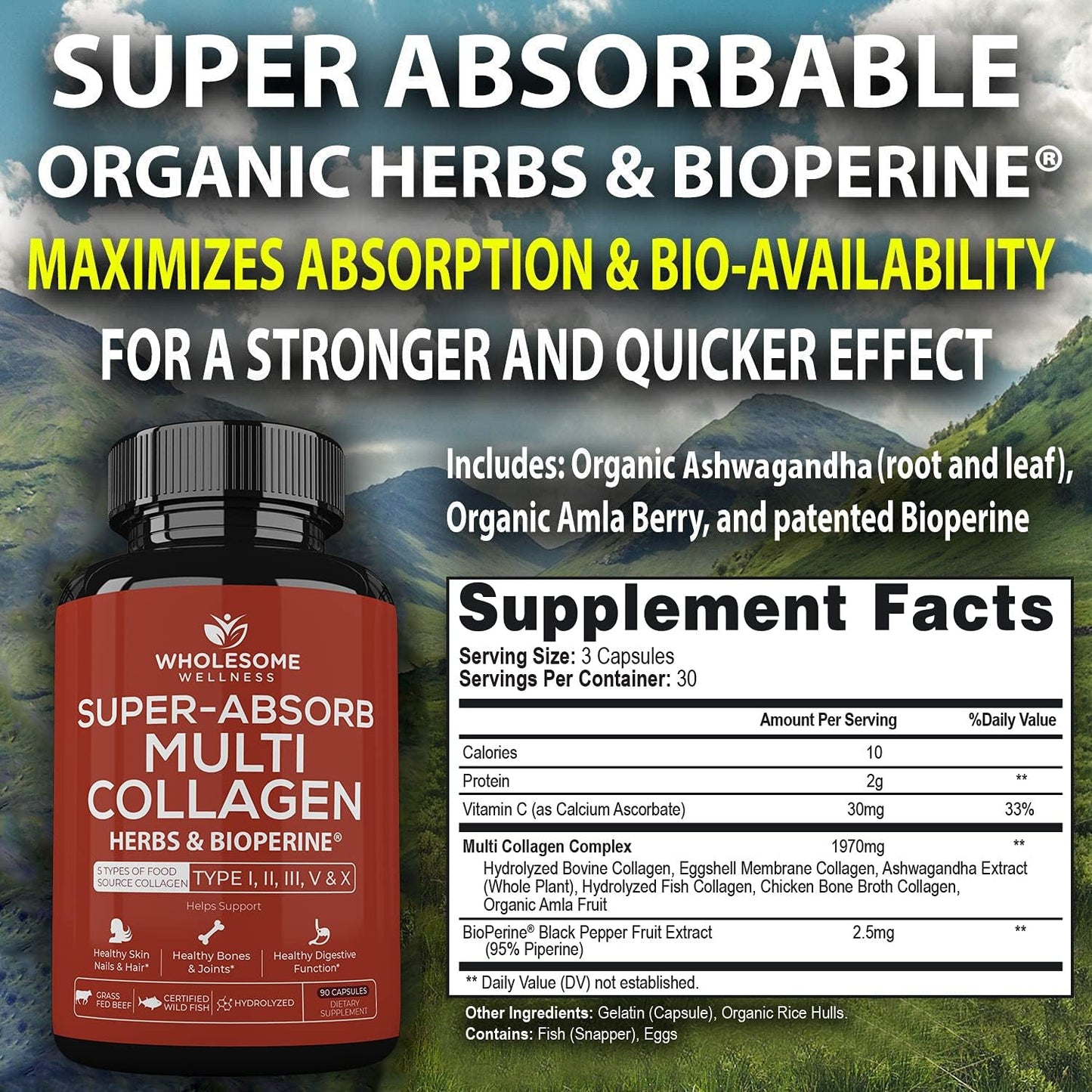 Wholesome Wellness Digestive Enzymes 1000MG Plus Prebiotics & Probiotics Supplement + Super-Absorb Multi Collagen Pills (Type I II III V X) Organic Herbs and Bioperine Bundle