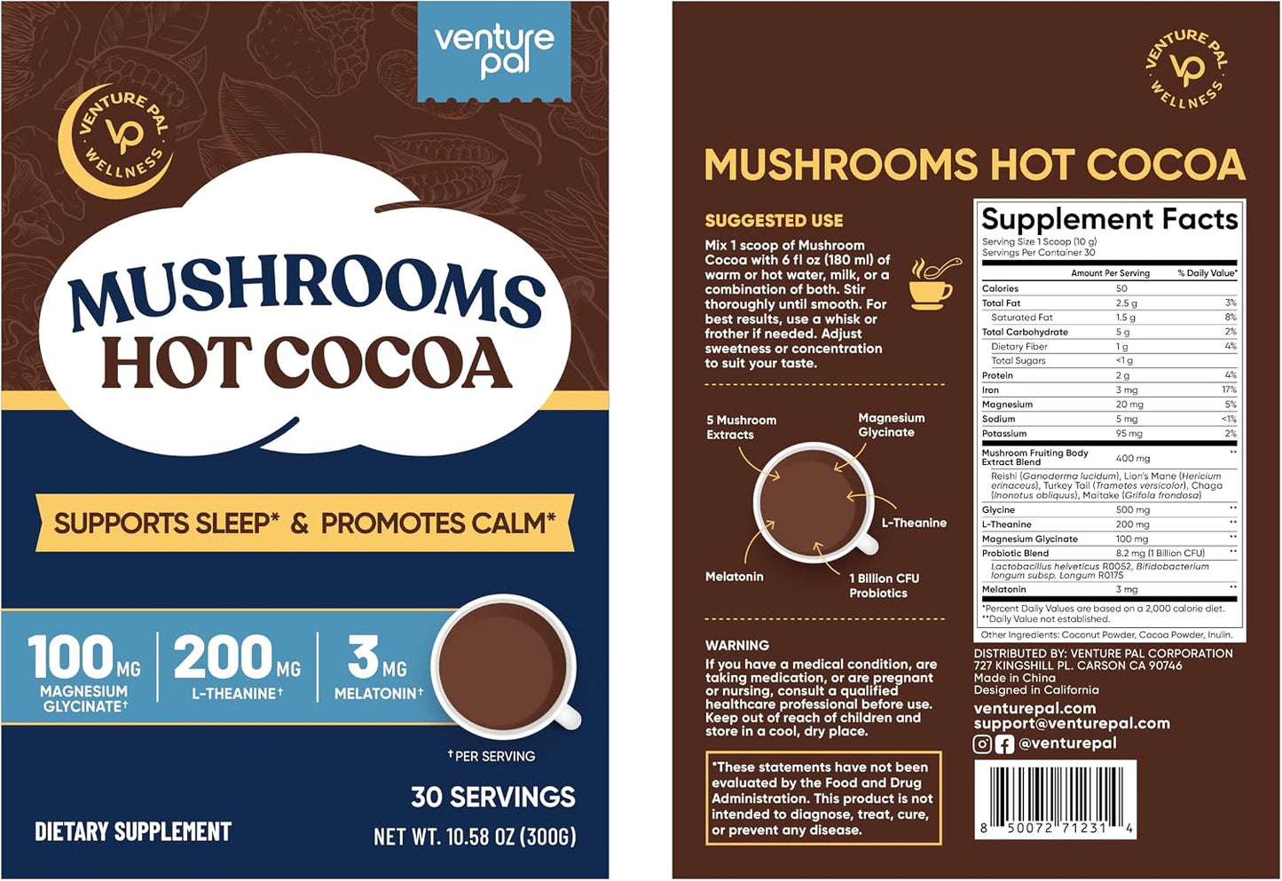 Mushroom Hot Cocoa Powder Natural Sleep Aid with 12 Superfoods, 30 Servings | Magnesium Glycinate, Melatonin 3mg, L-Theanine, Glycine, Lion's Mane, Reishi & Turkey Tail, Moon Bedtime Brew Hot Cocoa Mix