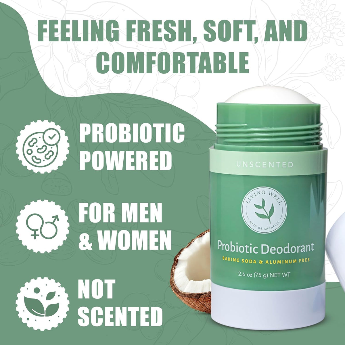 Probiotic Deodorant Stick, Aluminum-Free, Baking Soda-Free, Unscented