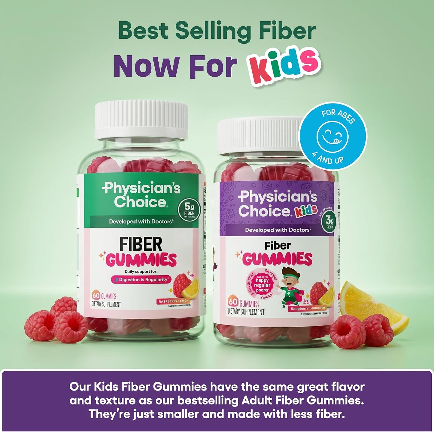 Physician's CHOICE Fiber Gummies for GLP-1 Support - No Sugar Added & Vegan - Raspberry Lemon - Natural Chicory Root Prebiotic Fiber Gummy - Digestive Health & Regularity for Women & Men - 60CT