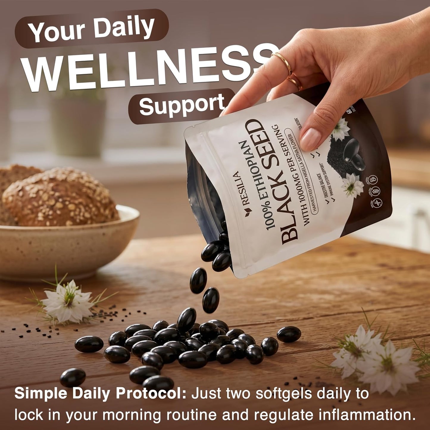 Resilia Ethiopian Black Seed Softgels 1000mg Per Serving – Premium Nigella Sativa Seed Oil Supplement – Digestive & Immune Support Formula – Easy to Swallow Soft Capsules (60 Count)
