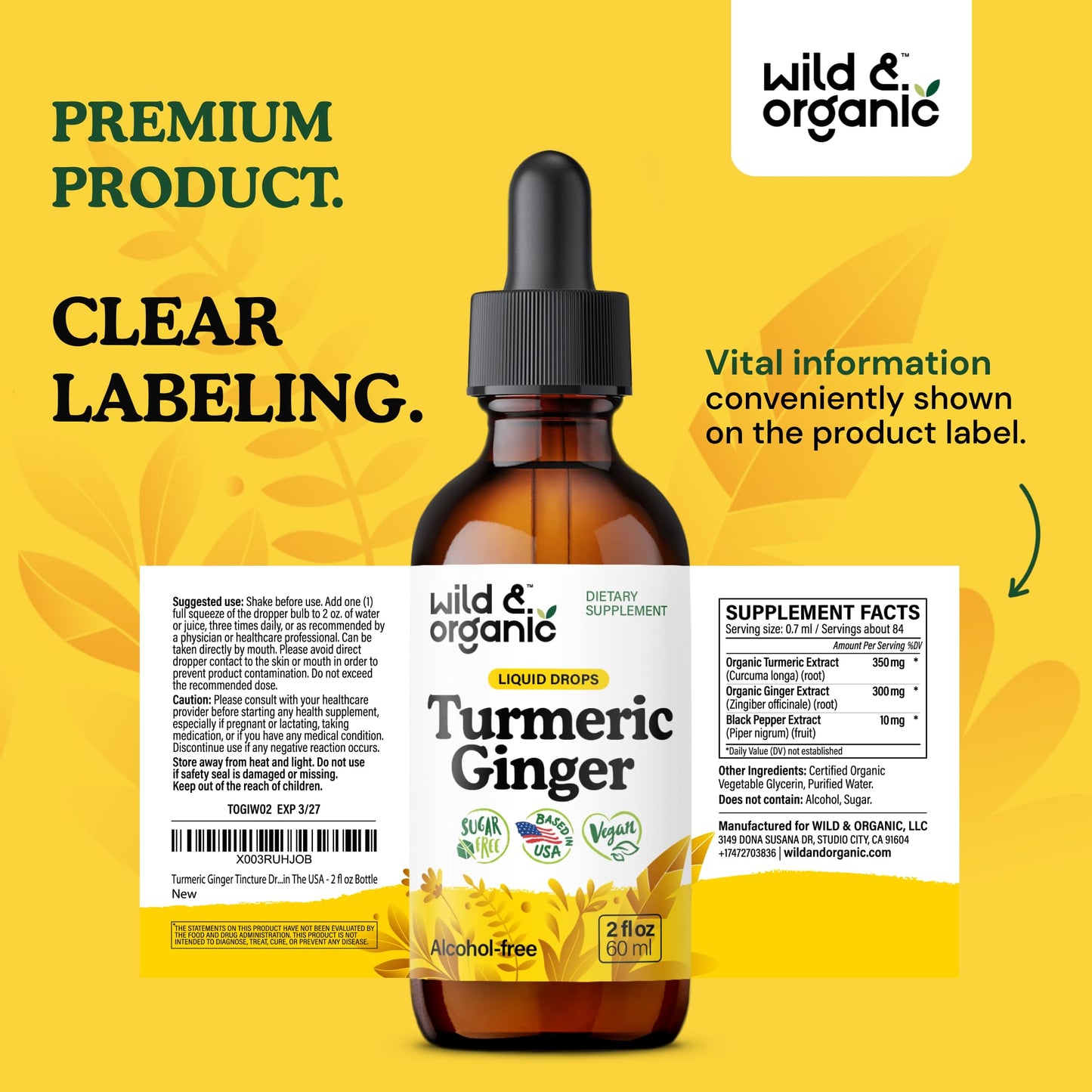 Wild & Organic Turmeric and Ginger Supplement - Movement & Immune Support - Liquid Turmeric Curcumin with Black Pepper and Ginger - Add to Tea Drops - Vegan, Sugar & Alcohol-Free Tincture - 4 oz