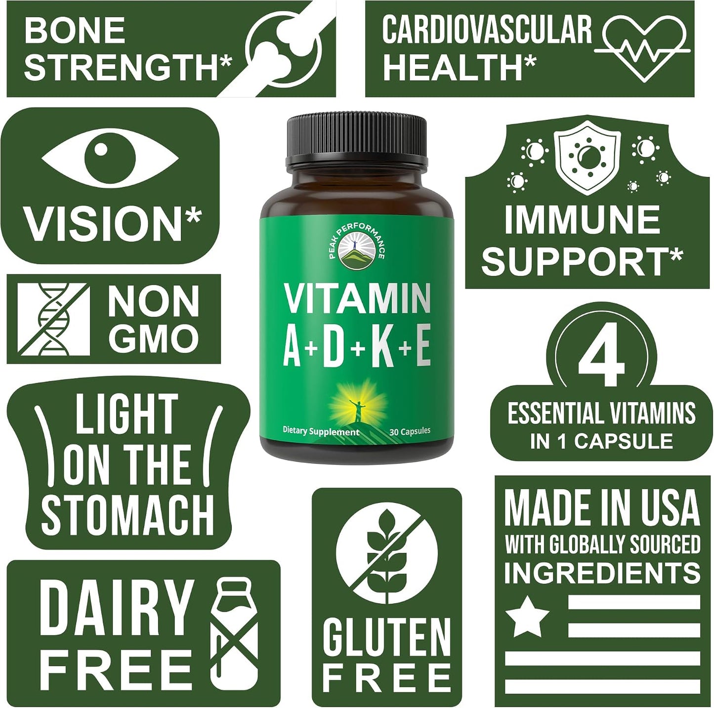 Peak Performance Vitamins D 5,000 iu + A + K + E All in 1 Easy to Swallow Vegan Capsule. ADK Vitamin Supplement with E D3 K2. Essential Vitamins for Mood, Immune, Bone, Vision, Heart