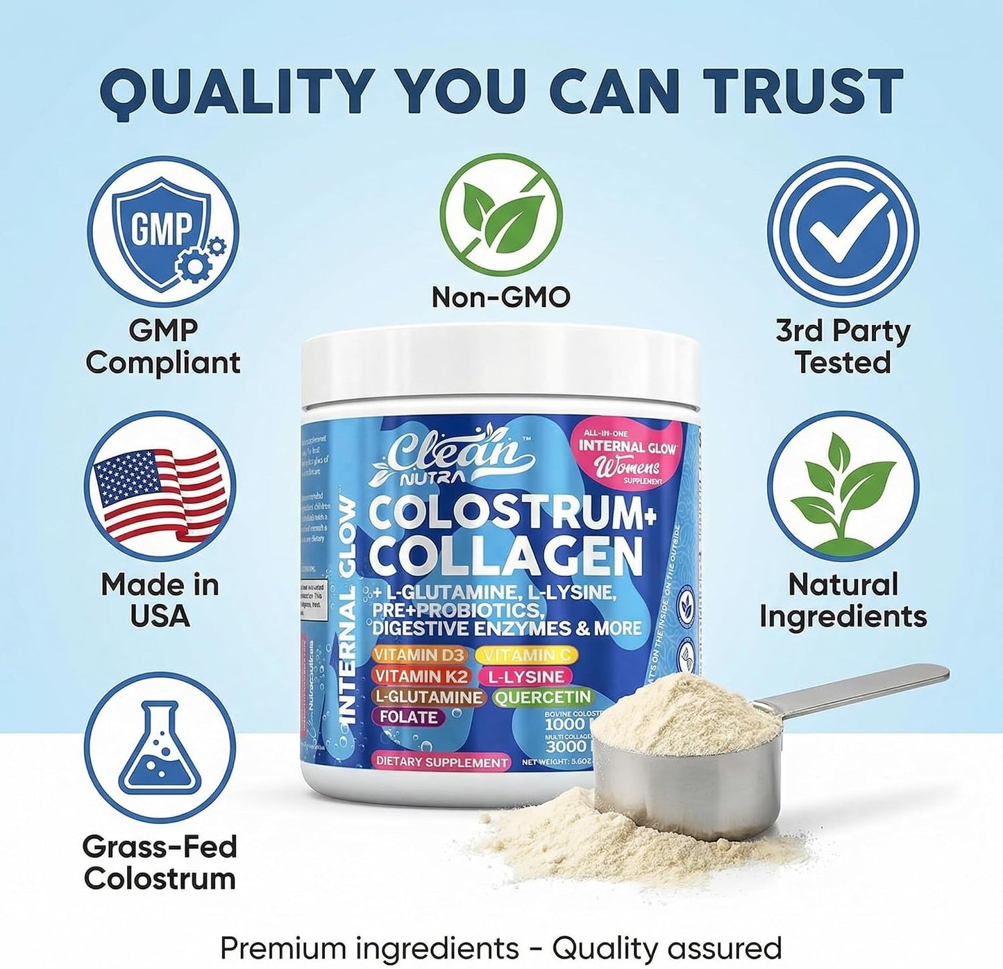 Bovine Colostrum Powder + Collagen Peptides with L-Glutamine L-Lysine Prebiotics Probiotics Digestive Enzymes Vitamin D K2 C Quercetin & Folate | Gut Health Supplement Internal Glow By Clean Nutra