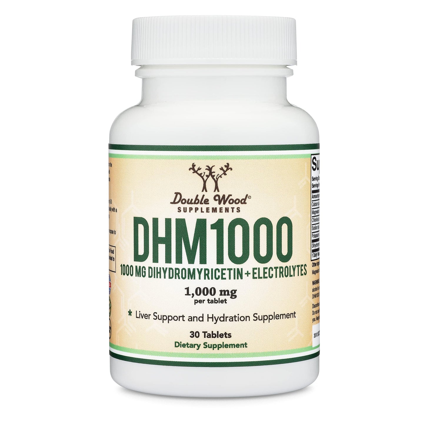 DHM1000 Dihydromyricetin (DHM) Tablets - Most Powerful DHM Supplement on The Market - 1,000mg per Capsule (30 Count) Enhanced with Electrolytes for Hydration and Liver Support by Double Wood
