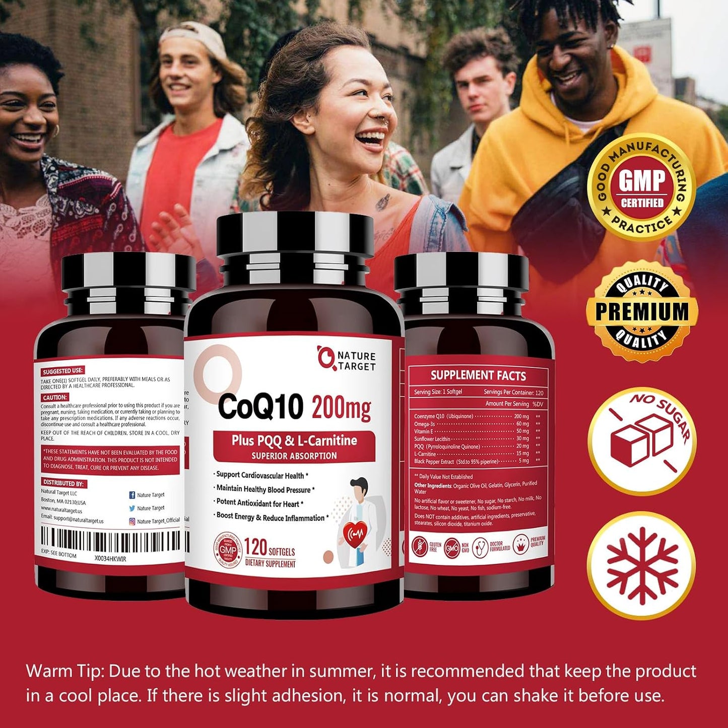 NATURE TARGET CoQ10 200mg with PQQ, L-Carnitine and Omega-3s, 120 Softgels | High-Absorption Coenzyme Q10 with BioPerine Supports Heart, Immune Health and Cellular Energy Production