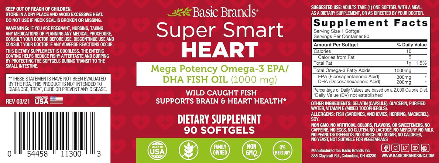 Basic Brands Super Smart Heart Omega Triple Strength, 1,000 mg 90 Count | EPA & DHA for Heart, Brain & Joint Support, Purified, Wild-Caught, Non-GM