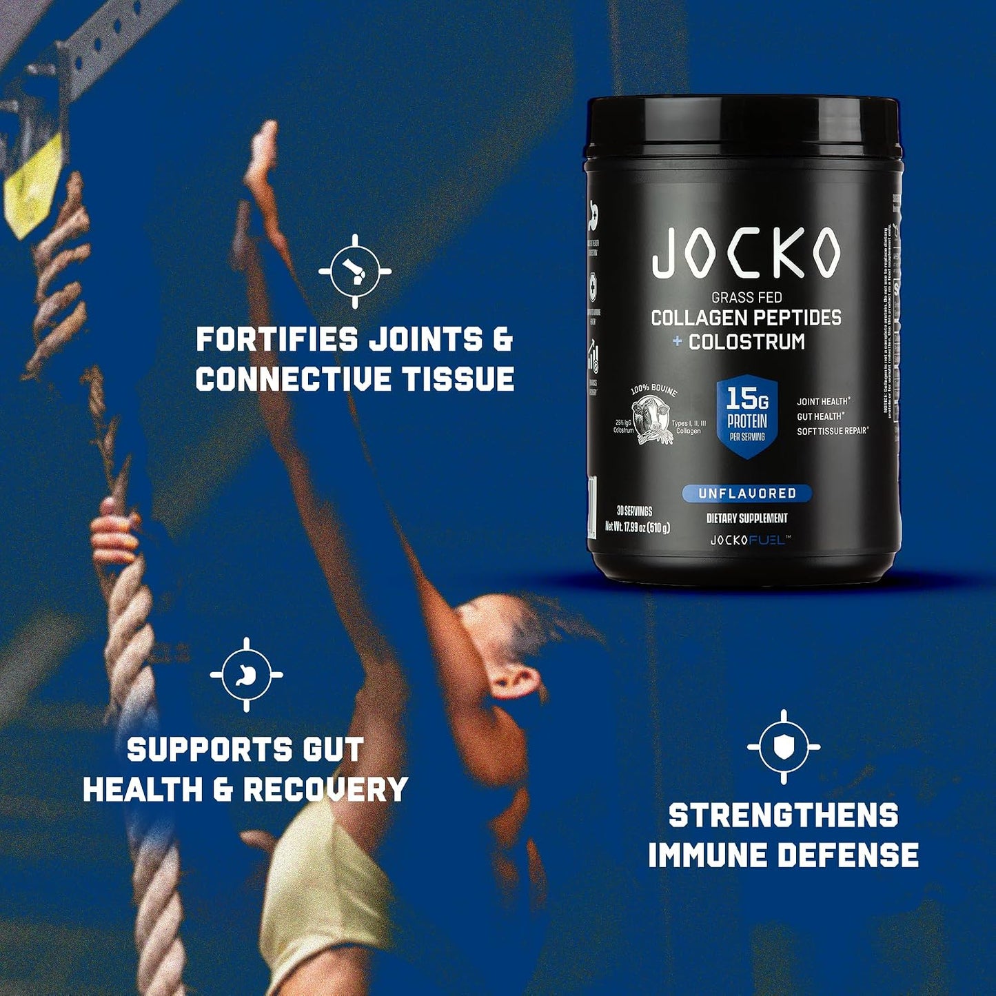 Jocko Fuel Collagen Powder with Colostrum – 15g Hydrolyzed Collagen + 2g First-Milking Colostrum – Dual Action for Gut Health, Joint Support, and Immune Defense – Recovery Supplement (30 Servings)