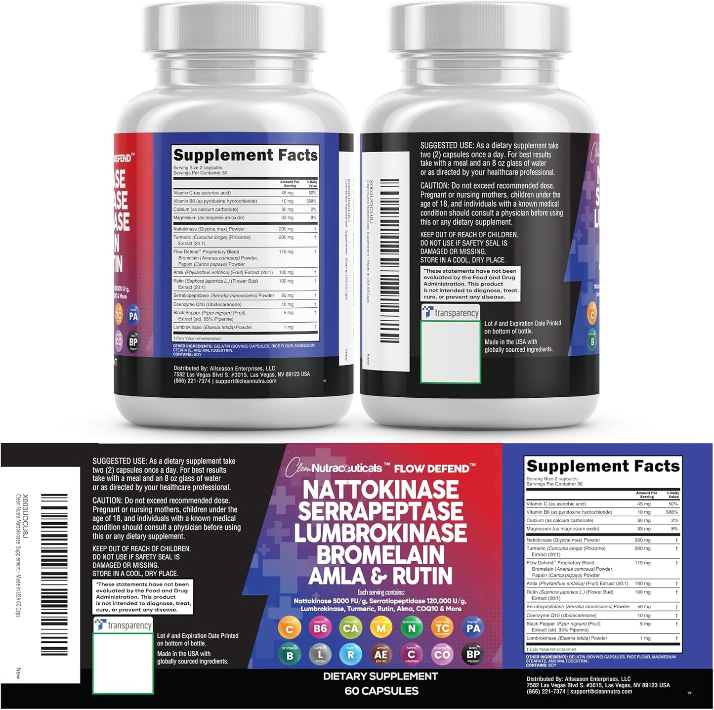 Clean Nutraceuticals Nattokinase 5000 FU Serrapeptase 120000 SPU Lumbrokinase Enzyme Supplement with Bromelain Papain Papaya Enzymes Rutin Extract Amla Magnesium Vitamin B6 & VIT C Capsules