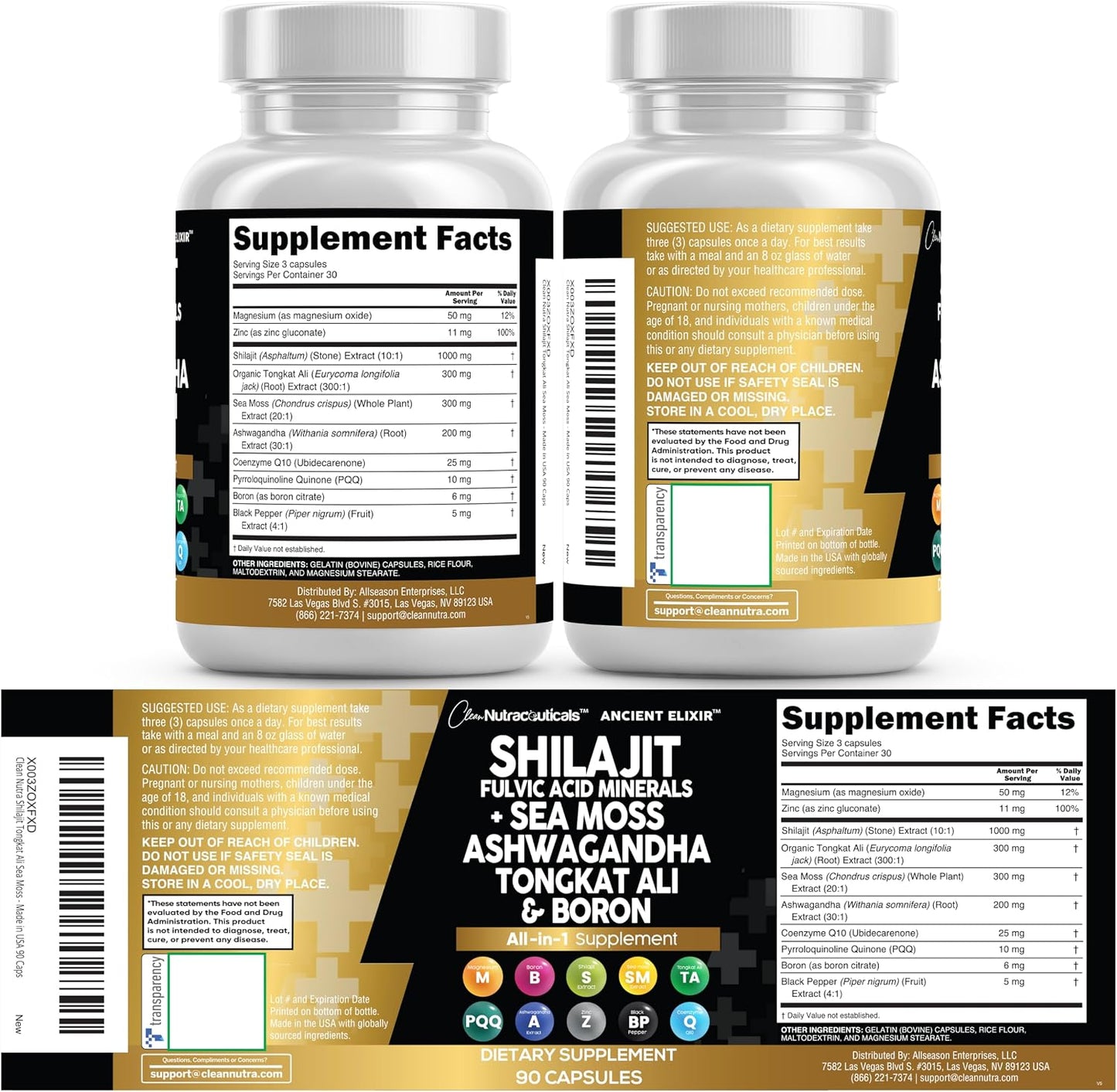 Clean Nutraceuticals Shilajit Supplement for Men with Sea Moss, Tongkat Ali, Ashwagandha, Boron, Zinc, CoQ10, PQQ - Fulvic Acid Capsules - Energy Support - 90 Count - Resin, Gummy & Powder Alternative